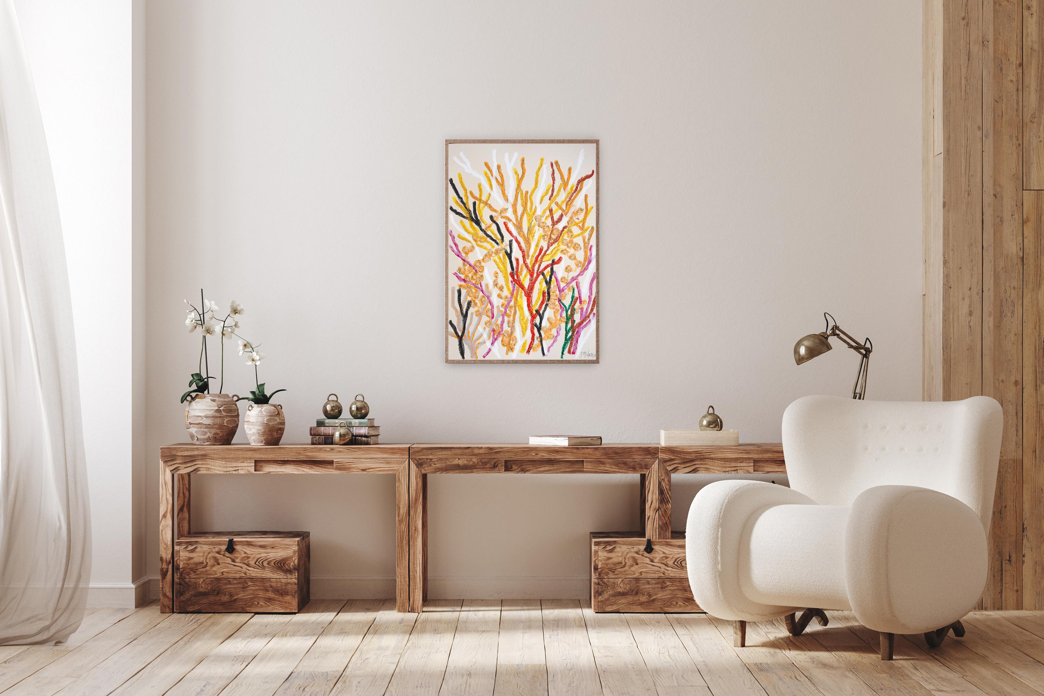 Orange Marine Flora ist ein dynamisches, von der Natur inspiriertes Gemälde, das an die üppige Komplexität von Korallenökosystemen erinnert. Mit kräftigen Strichen in lebhaftem Orange, Karminrot, Magenta und Kohle ahmt die Komposition den