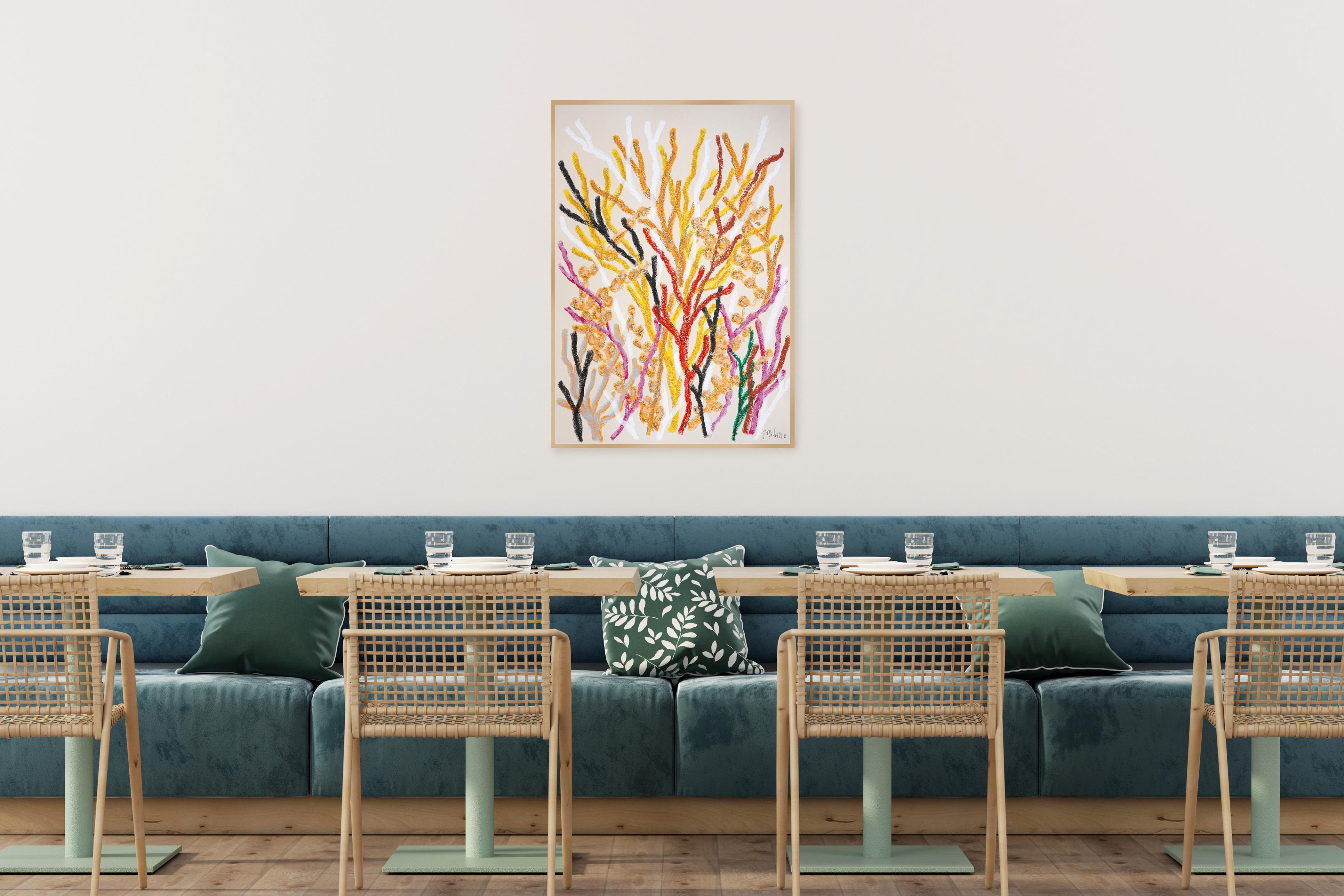 Orangefarbene Meeresflora, Korallenriff-Gemälde in Gelb, lebhafte organische Formen, Papier im Angebot 2