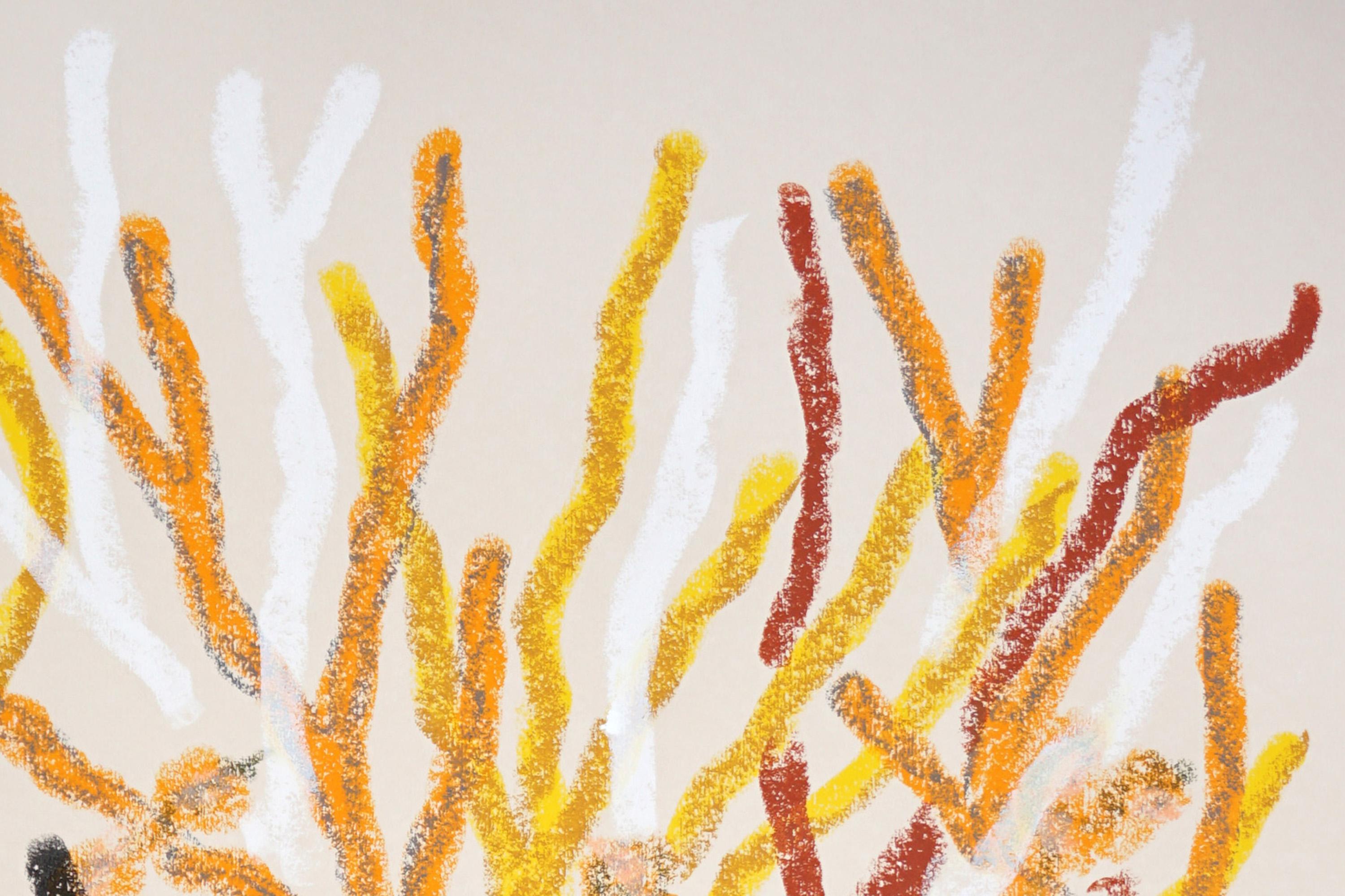 Orangefarbene Meeresflora, Korallenriff-Gemälde in Gelb, lebhafte organische Formen, Papier im Angebot 3