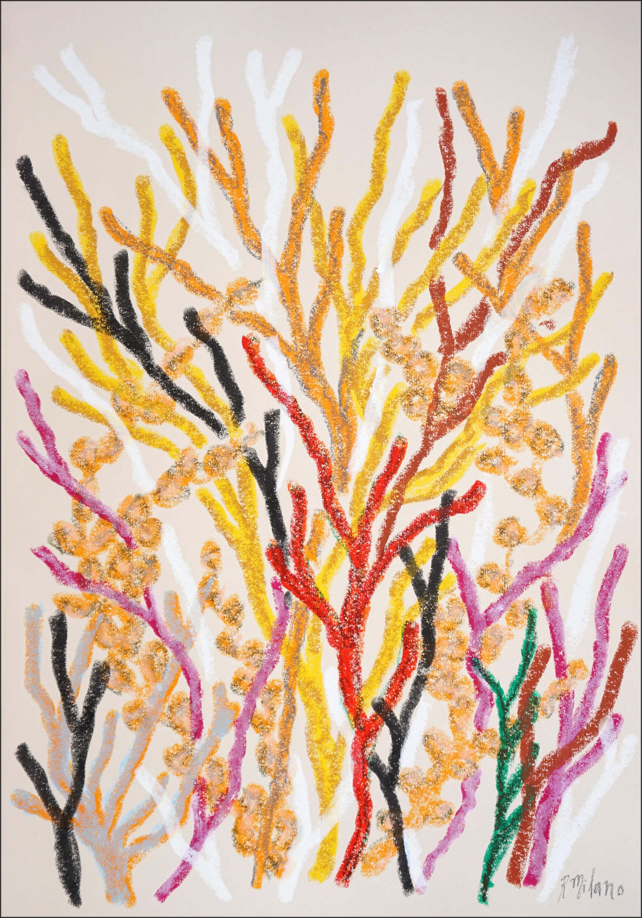 Romina Milano Still-Life Painting – Orangefarbene Meeresflora, Korallenriff-Gemälde in Gelb, lebhafte organische Formen, Papier