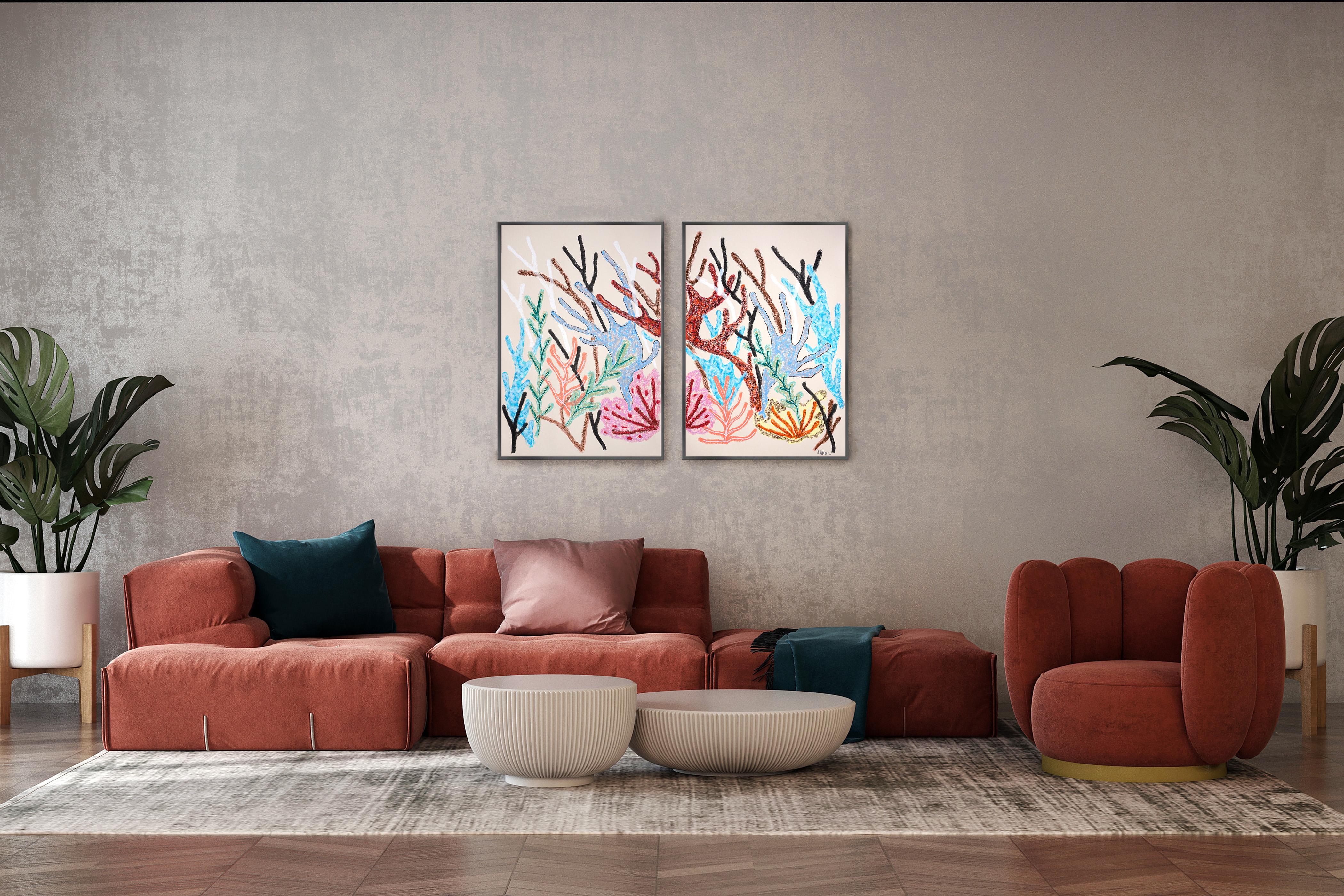 Pastell Korallenriff in Rosa, Großes Diptychon, Meeresleben  Waldabstraktion, Papier – Painting von Romina Milano