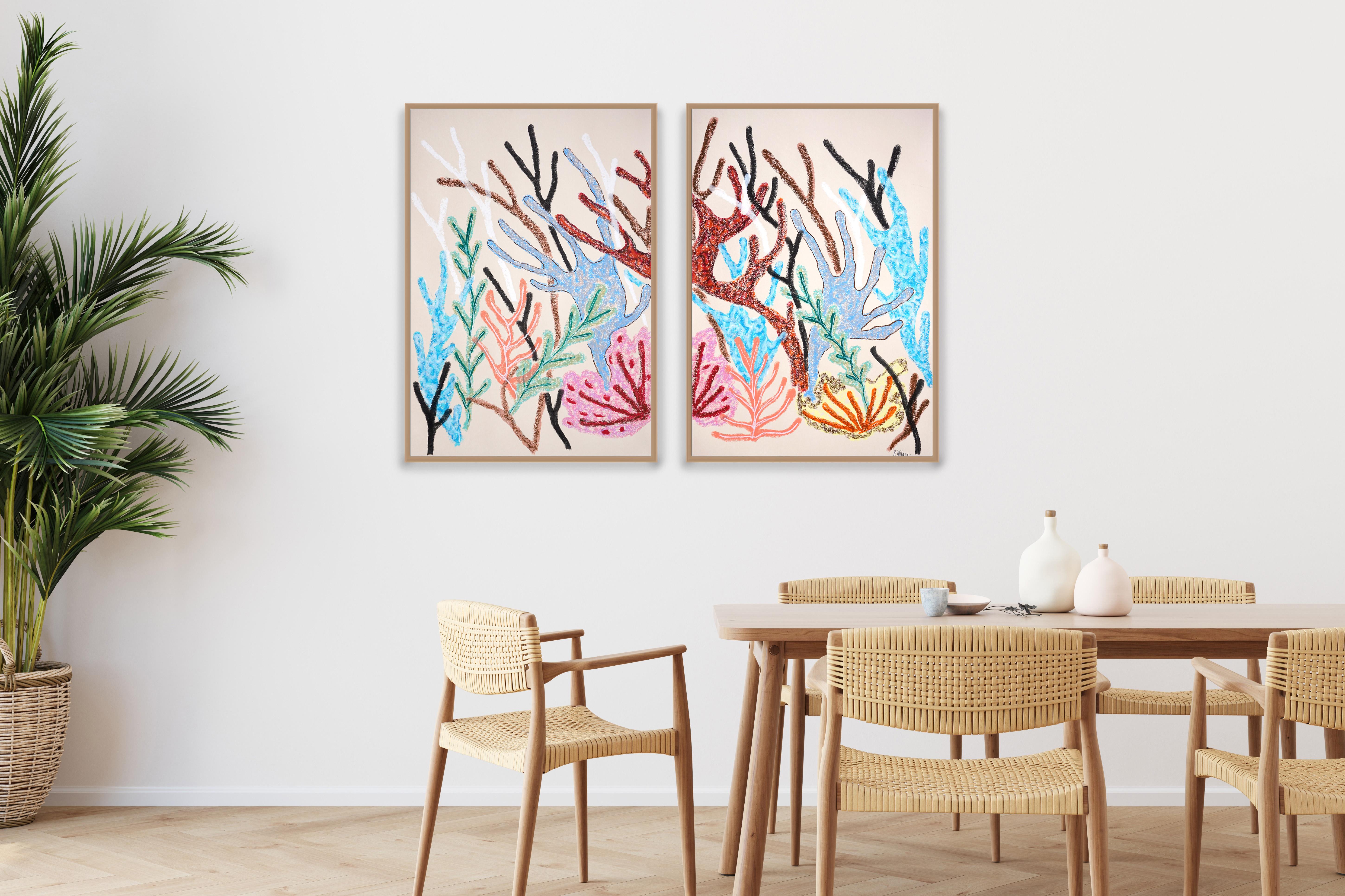 Pastell Korallenriff in Rosa, Großes Diptychon, Meeresleben  Waldabstraktion, Papier im Angebot 1