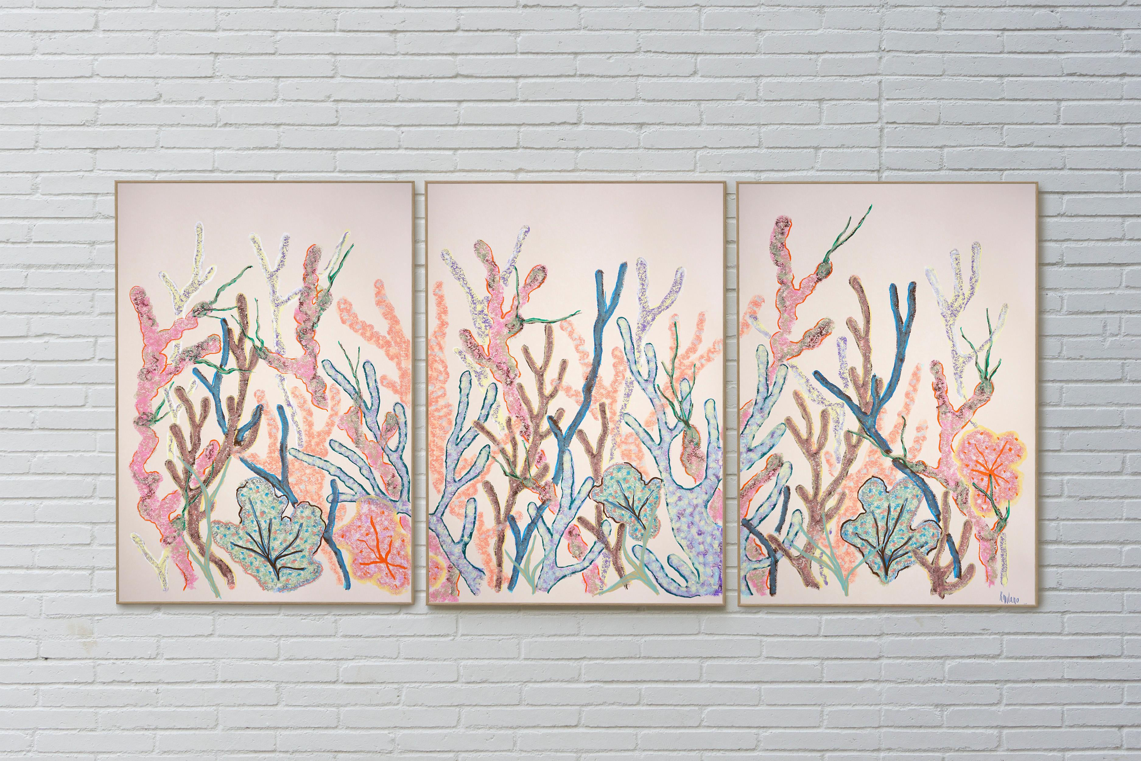 Pastell-Korallen-Triptychon, Abstraktes Korallenriff, Ozean-Bewusstsein, Biomorphes Gemälde – Painting von Romina Milano