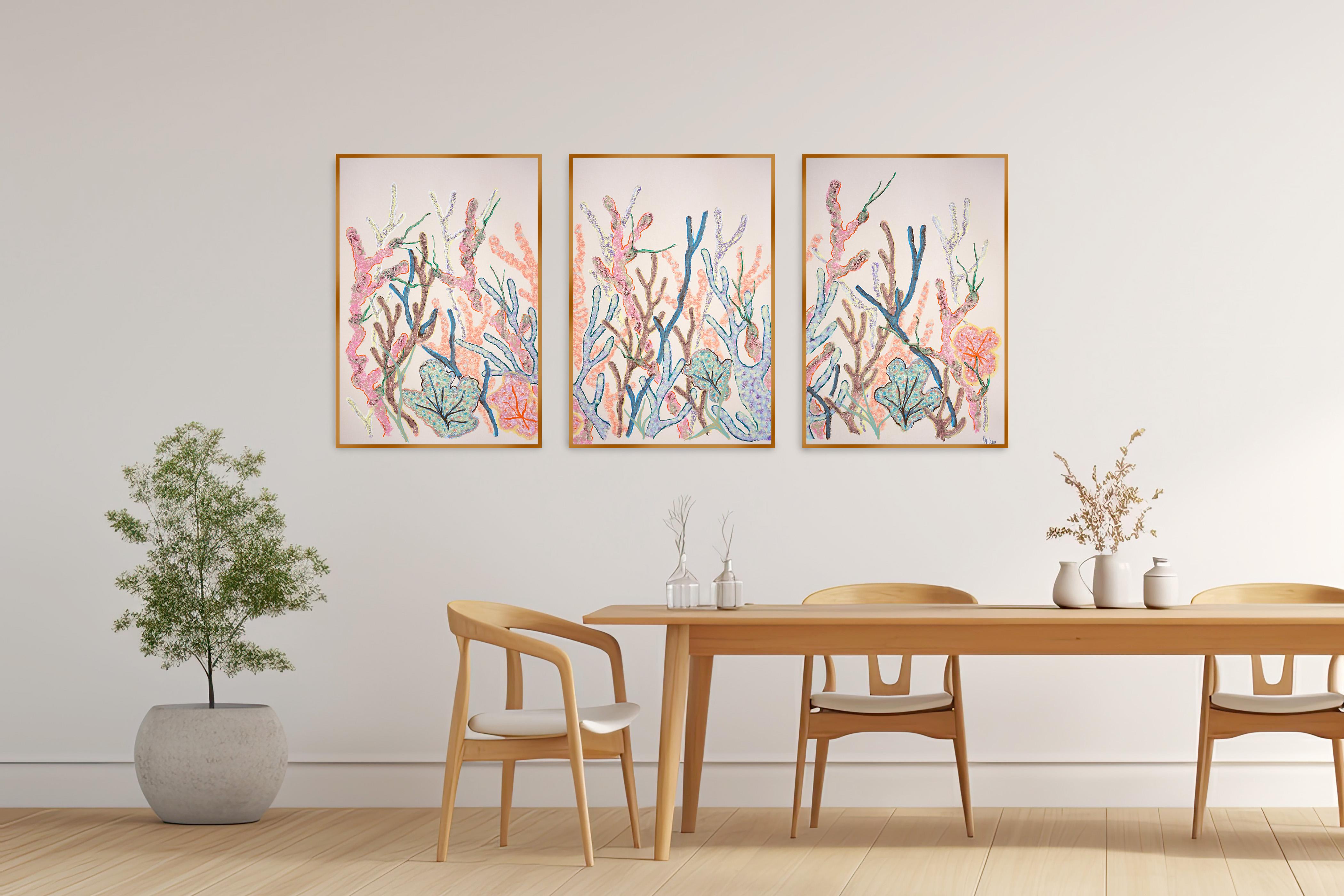 Pastell-Korallen-Triptychon, Abstraktes Korallenriff, Ozean-Bewusstsein, Biomorphes Gemälde im Angebot 2