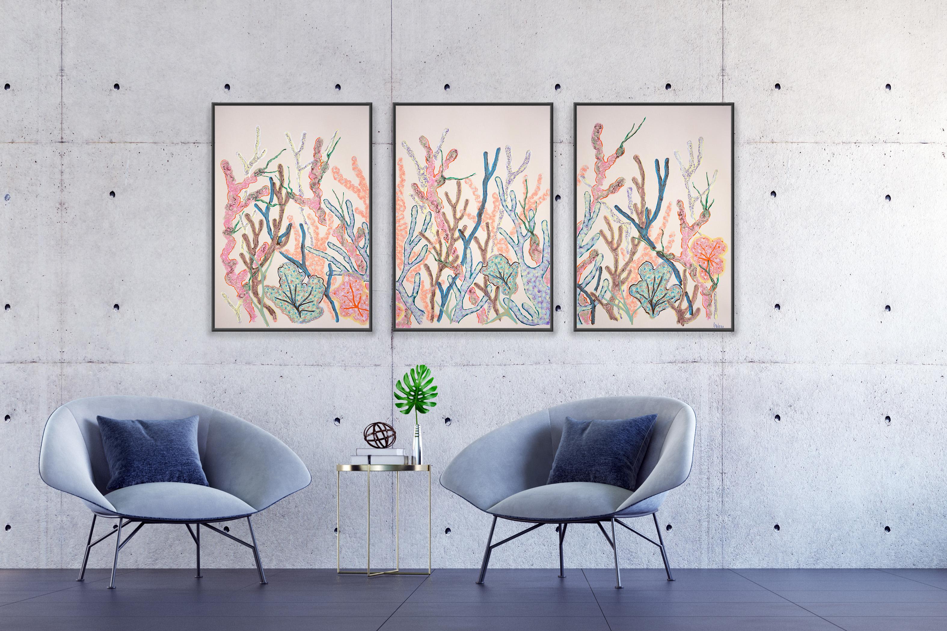 Pastell-Korallen-Triptychon, Abstraktes Korallenriff, Ozean-Bewusstsein, Biomorphes Gemälde im Angebot 4