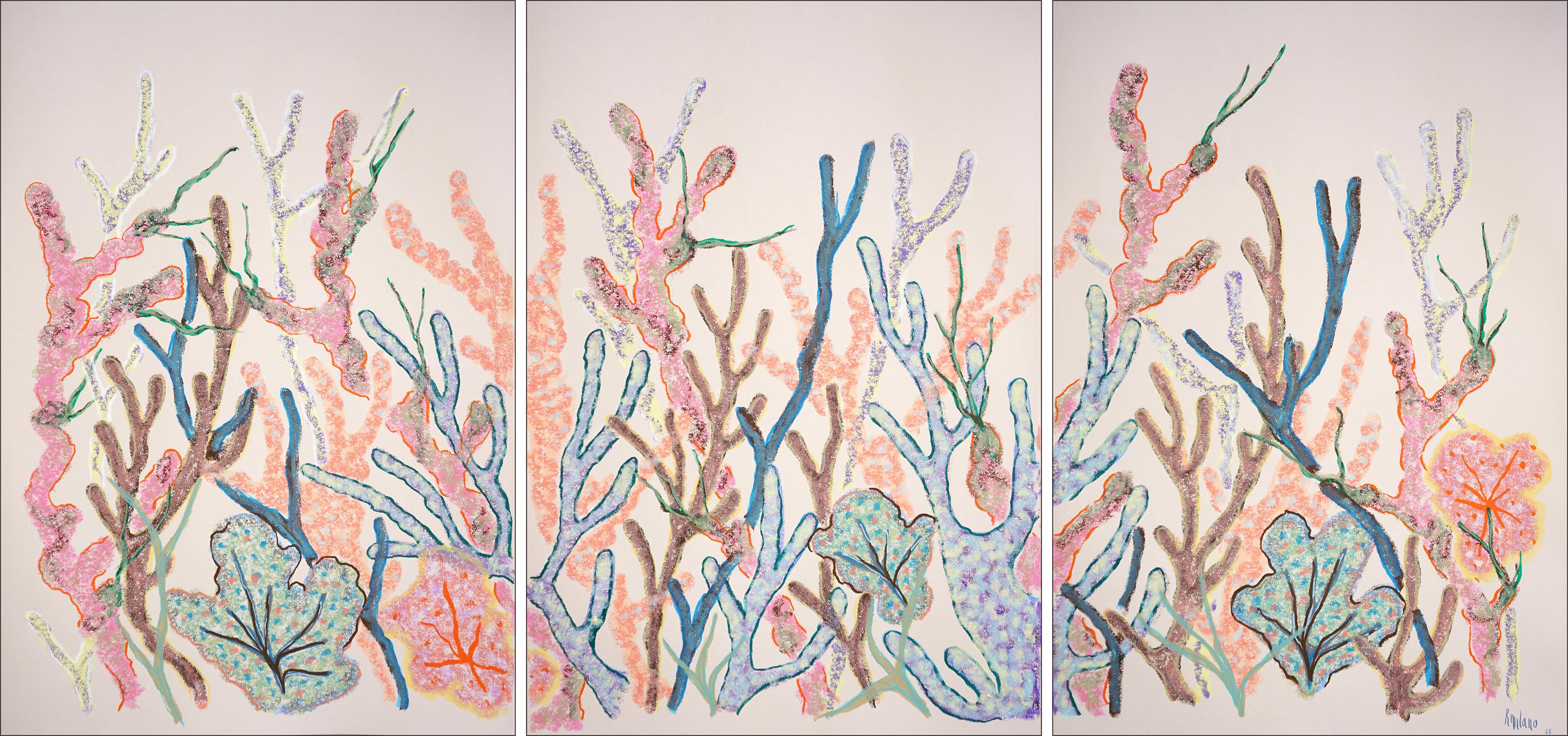 Pastel Coral Triptych, Abstract Coral Reef, Ocean Awareness, Biomorphic Painting