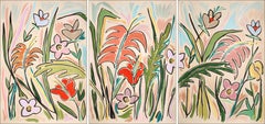 Pastel Wildflowers and Orchids, Abstract Expressionist Flora Triptych, Red Green