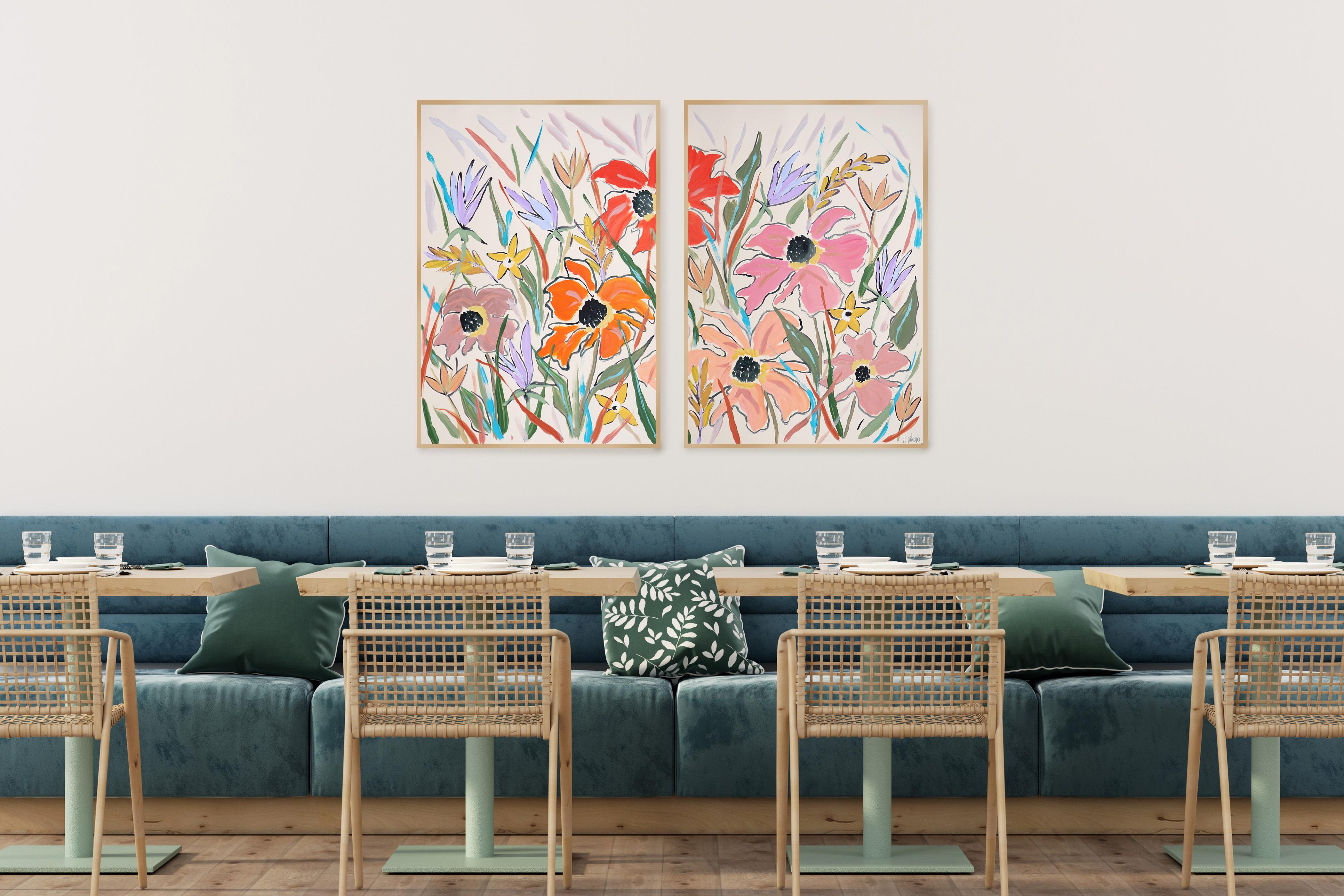 Pastel Wildflowers Diptych, Illustration Style, Expressionist Gestures Painting - Beige Still-Life Painting by Romina Milano