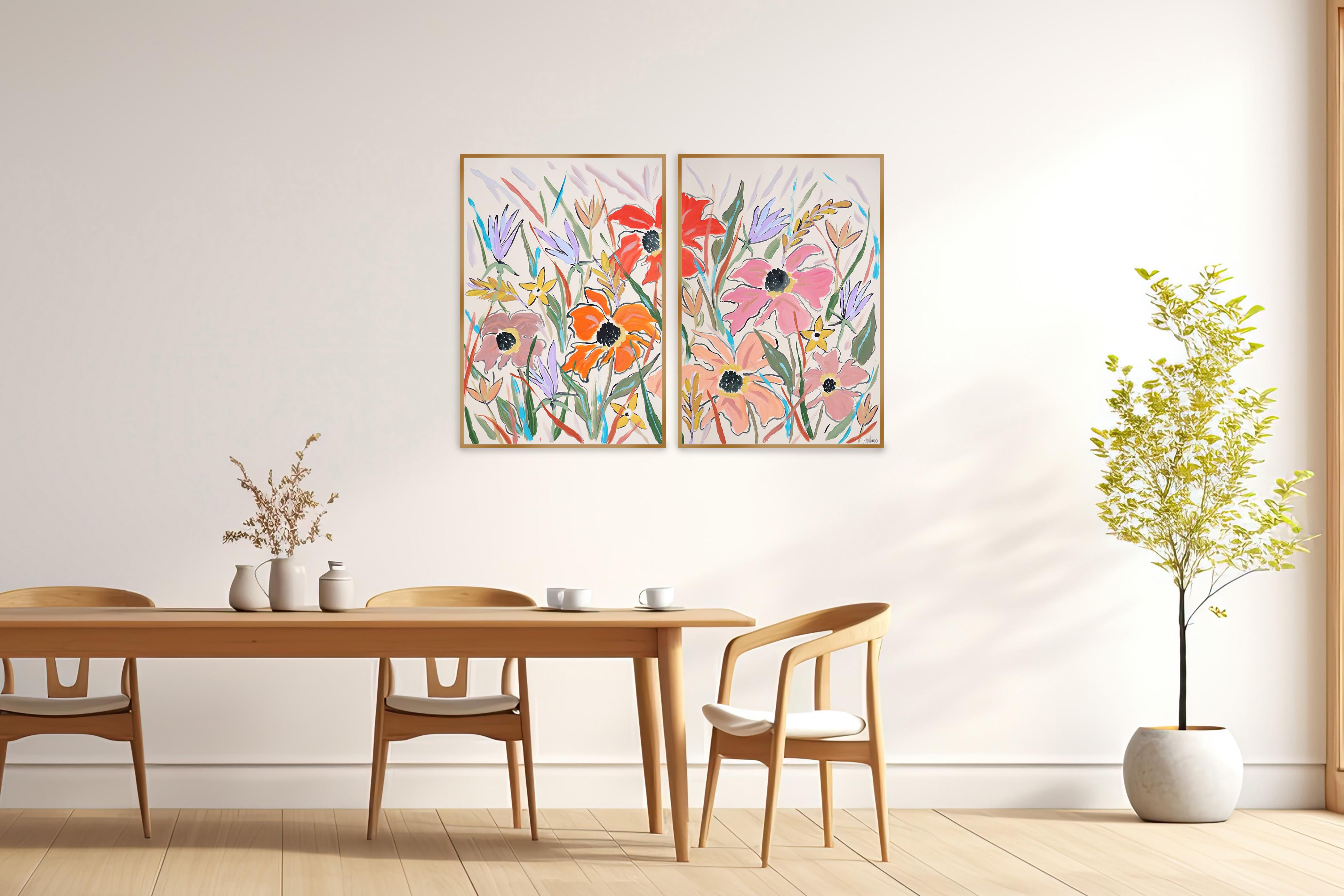 This modern painting features a delightful illustration-style painting of large wildflowers rendered in soft pastel tones. The oversized blooms, with their delicate yet bold lines, exude a whimsical charm, while the muted color palette adds a touch