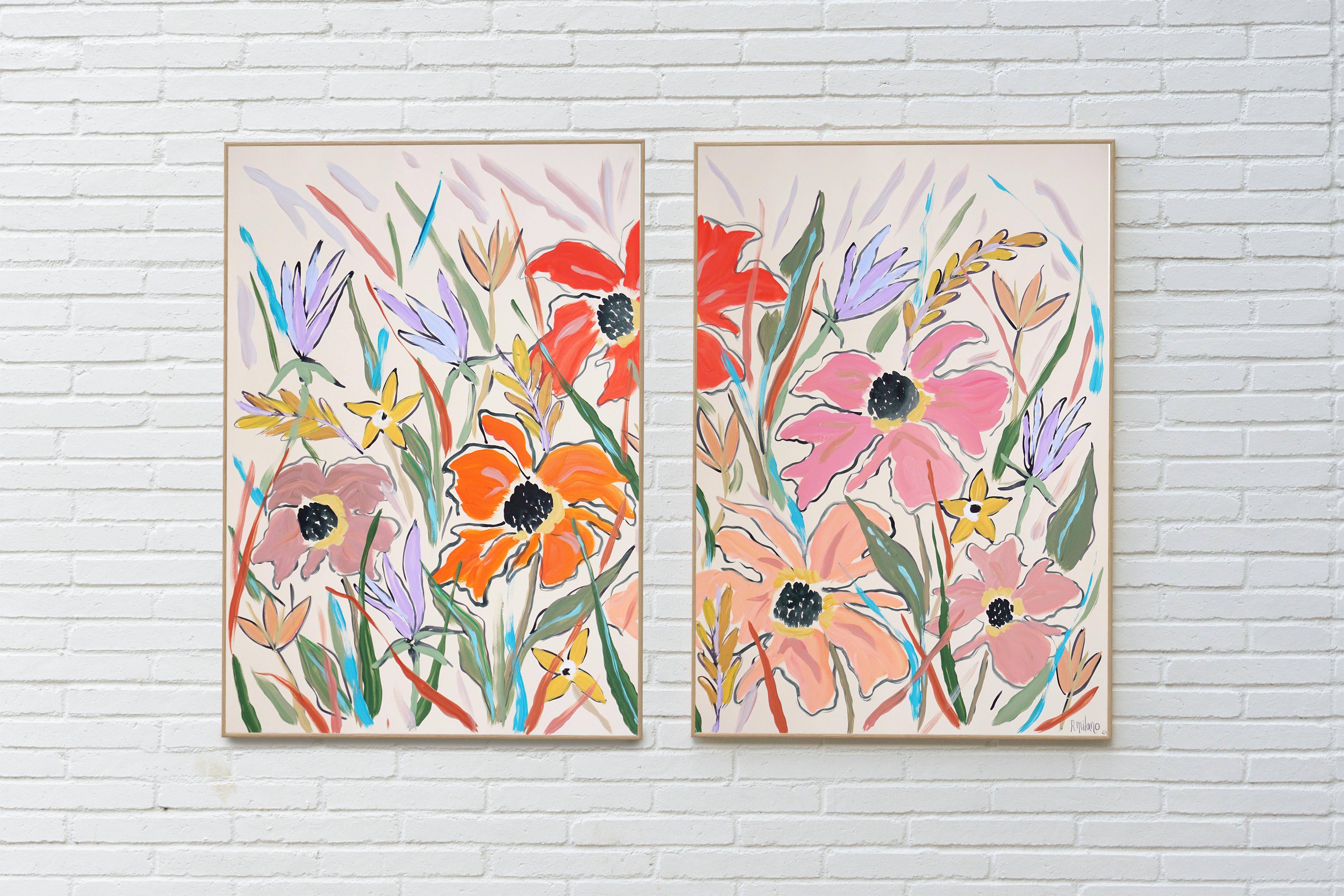 Pastel Wildflowers Diptych, Illustration Style, Expressionist Gestures Painting 3