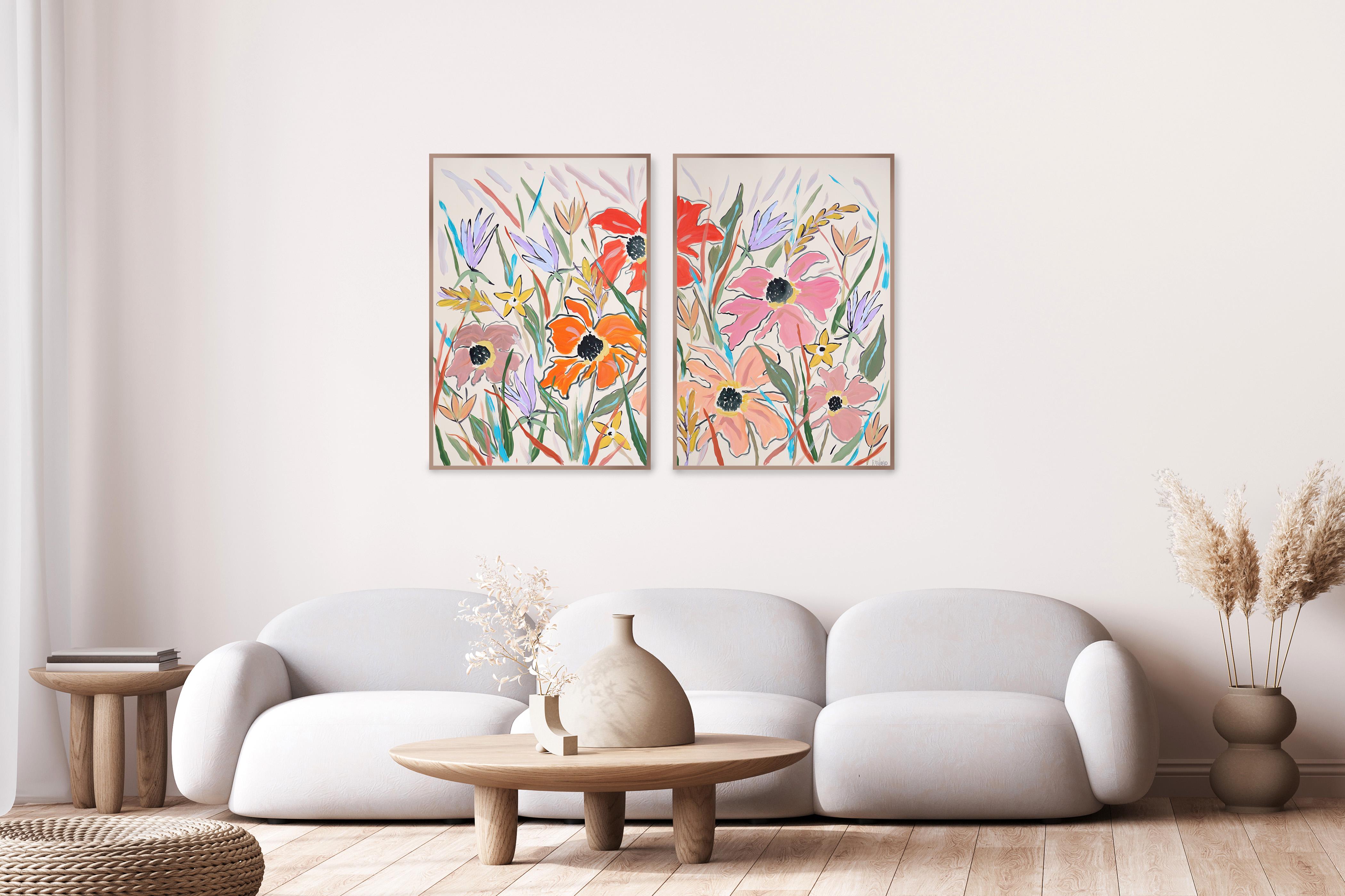 Pastel Wildflowers Diptych, Illustration Style, Expressionist Gestures Painting 5