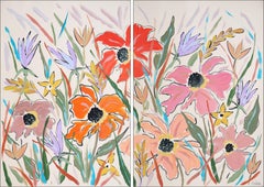 Pastel Wildflowers Diptych, Illustration Style, Expressionist Gestures Painting