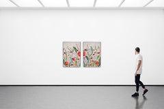 Pastel Wildflowers II, Illustration Style Diptych, Red Poppies and Dandelions