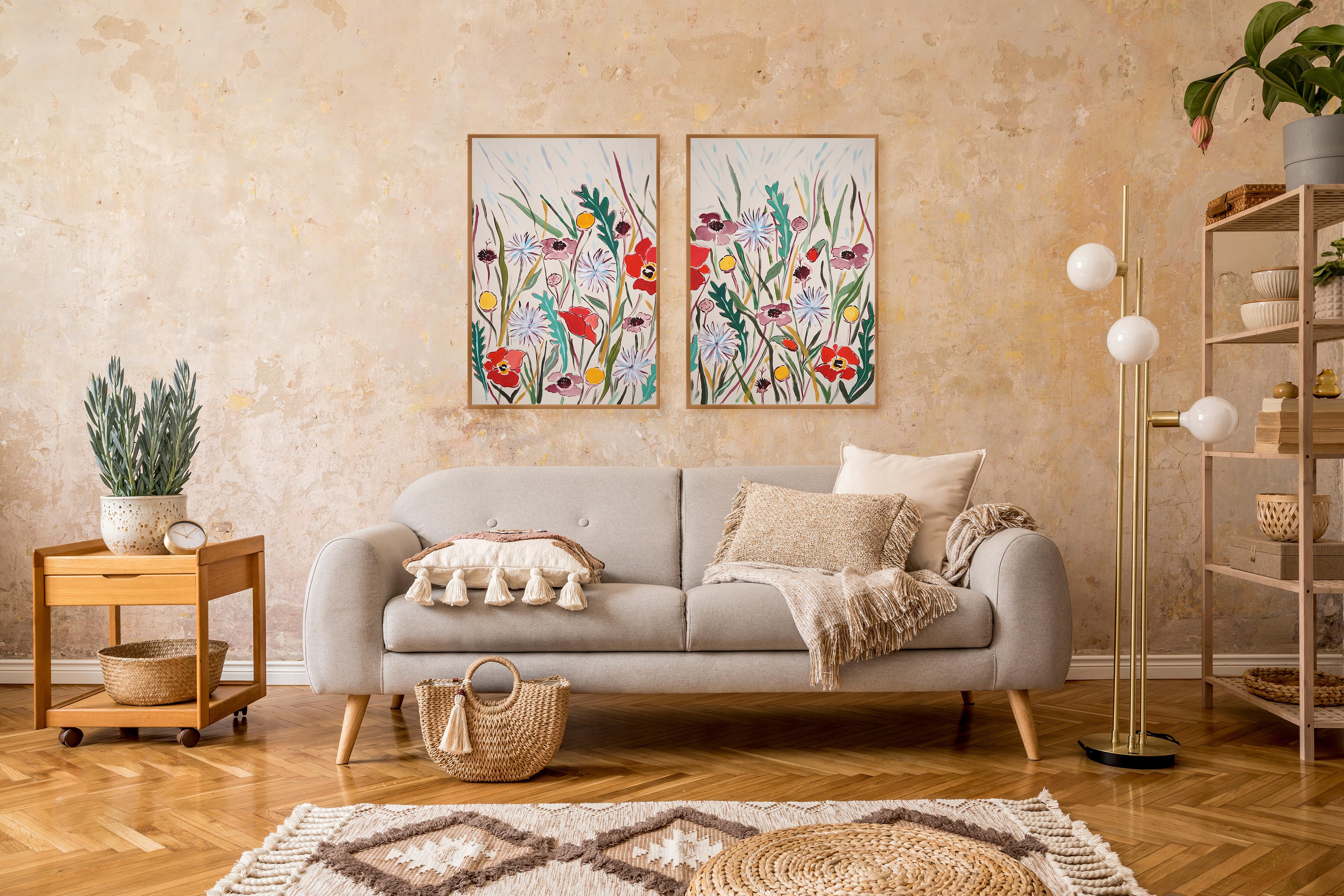 Pastel Wildflowers II, Illustration Style Diptych, Red Poppies and Dandelions  - Naturalistic Painting by Romina Milano