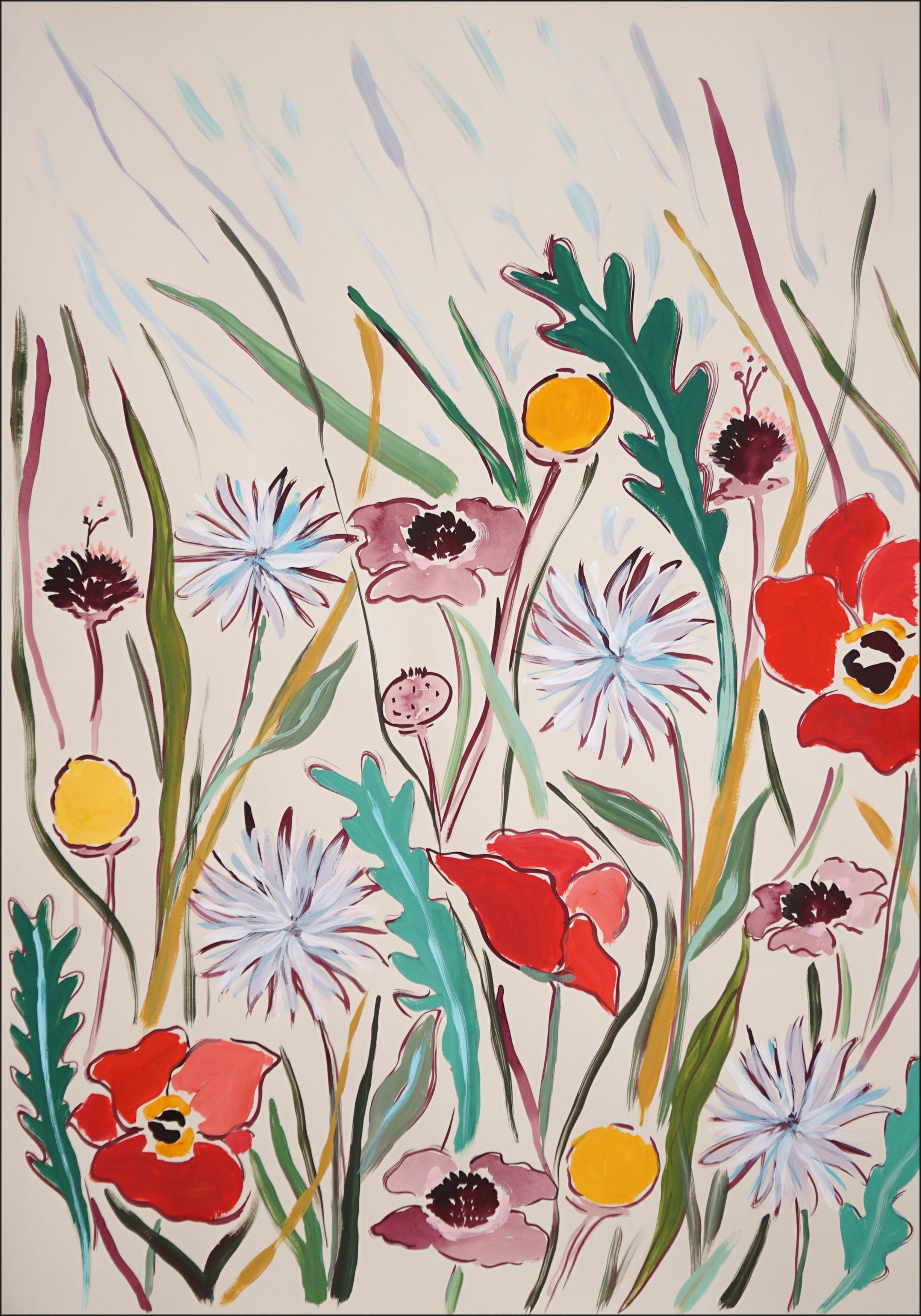 Pastel Wildflowers II, Illustration Style Diptych, Red Poppies and Dandelions  2