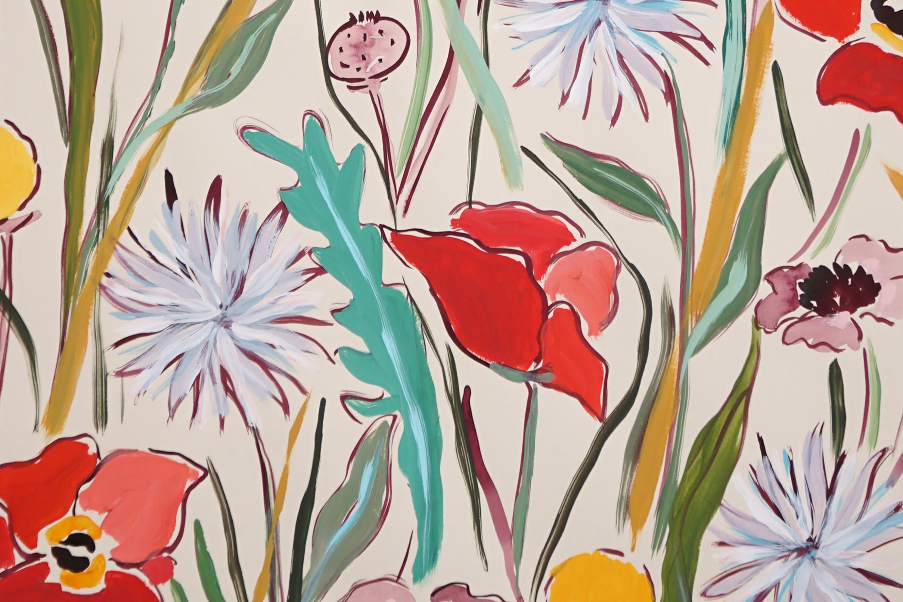 Pastel Wildflowers II, Illustration Style Diptych, Red Poppies and Dandelions  4