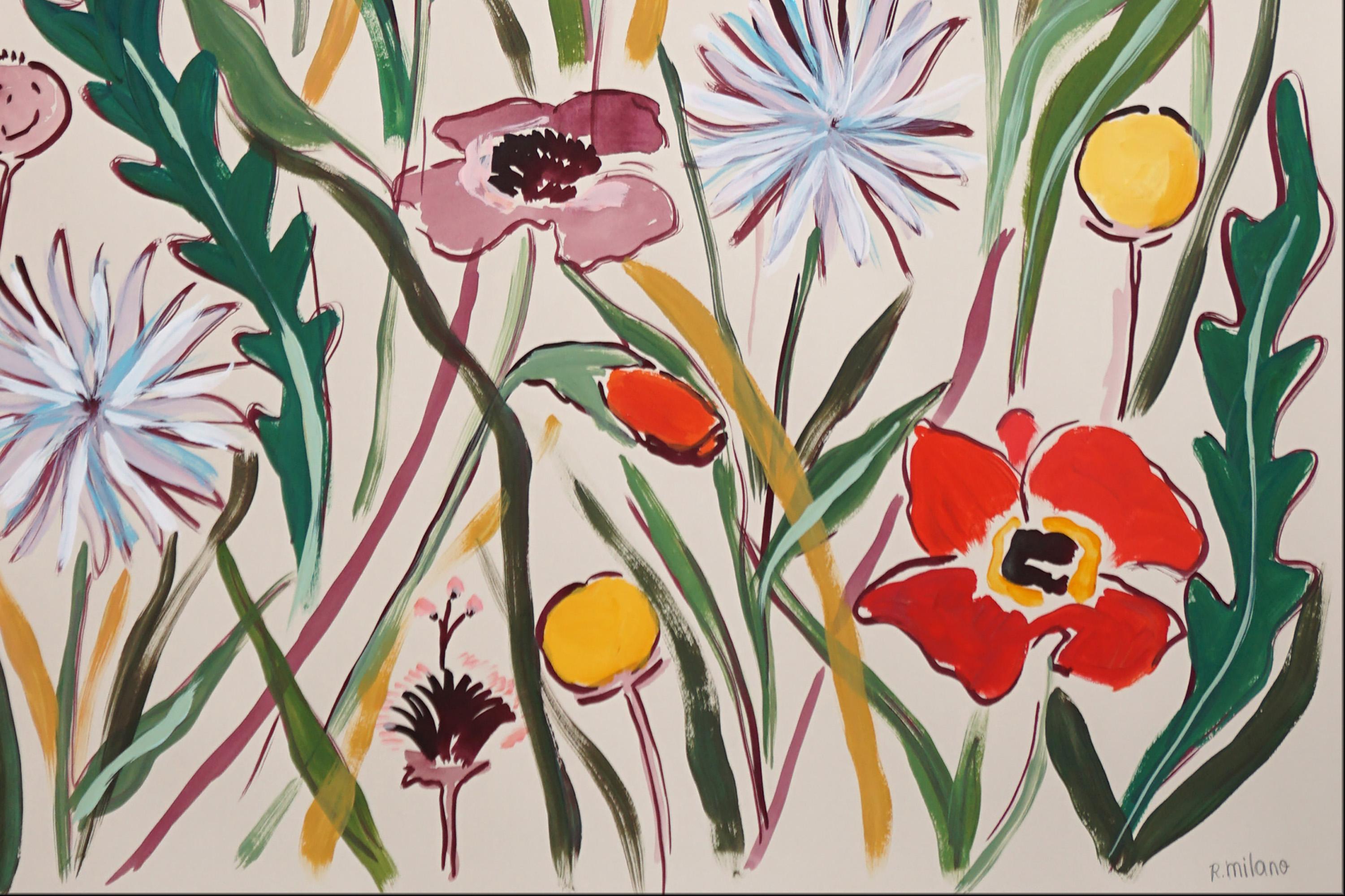 Pastel Wildflowers II, Illustration Style Diptych, Red Poppies and Dandelions  5
