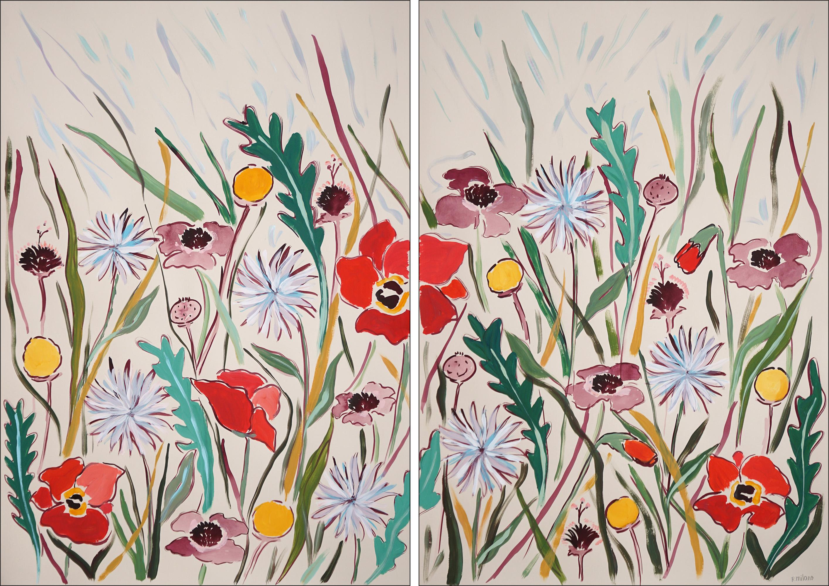 Romina Milano Landscape Painting - Pastel Wildflowers II, Illustration Style Diptych, Red Poppies and Dandelions 