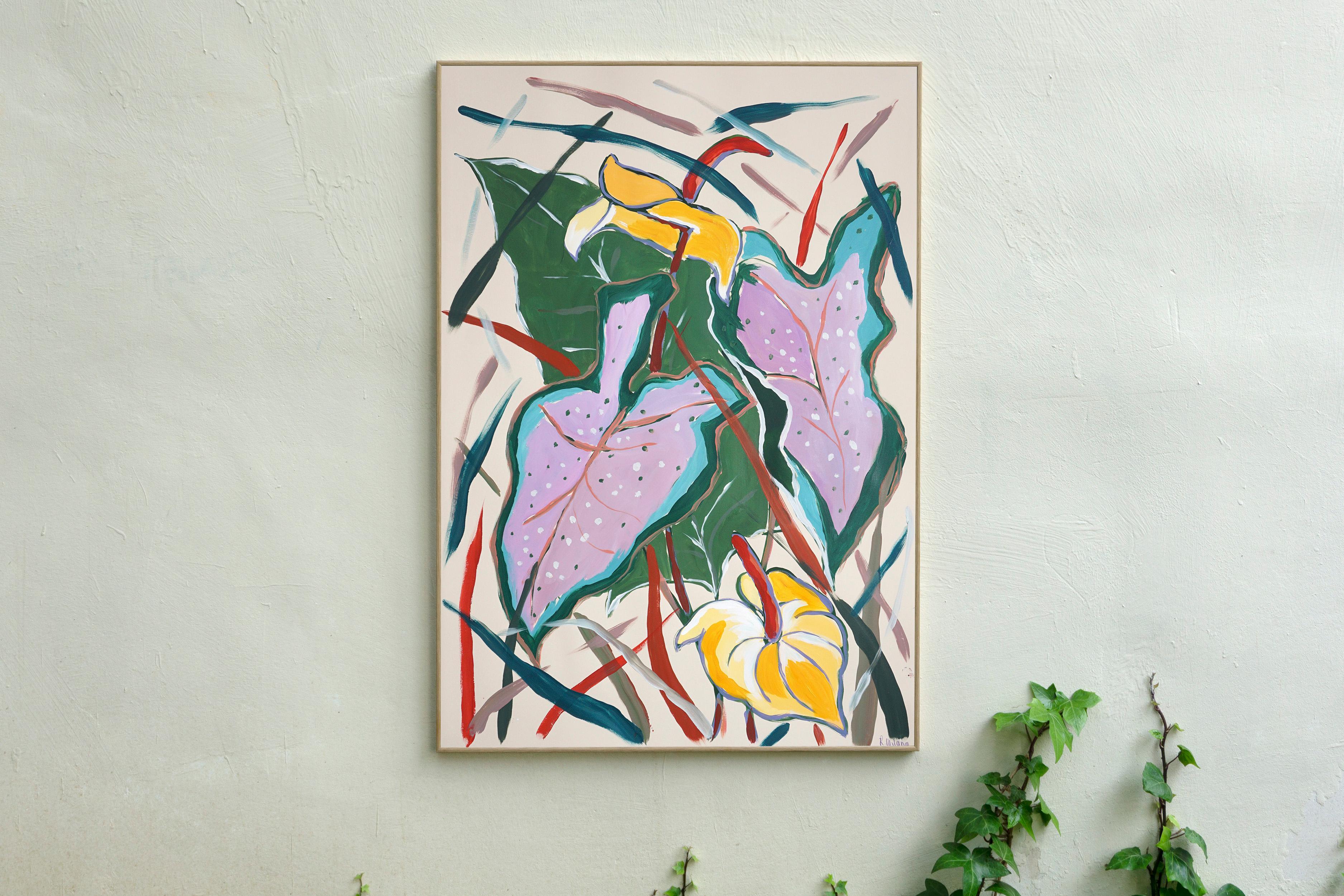 Pink Elephant Ear Leaves, Figurative Still Life Painting, Exotic Botanic, Paper - Gray Still-Life Painting by Romina Milano