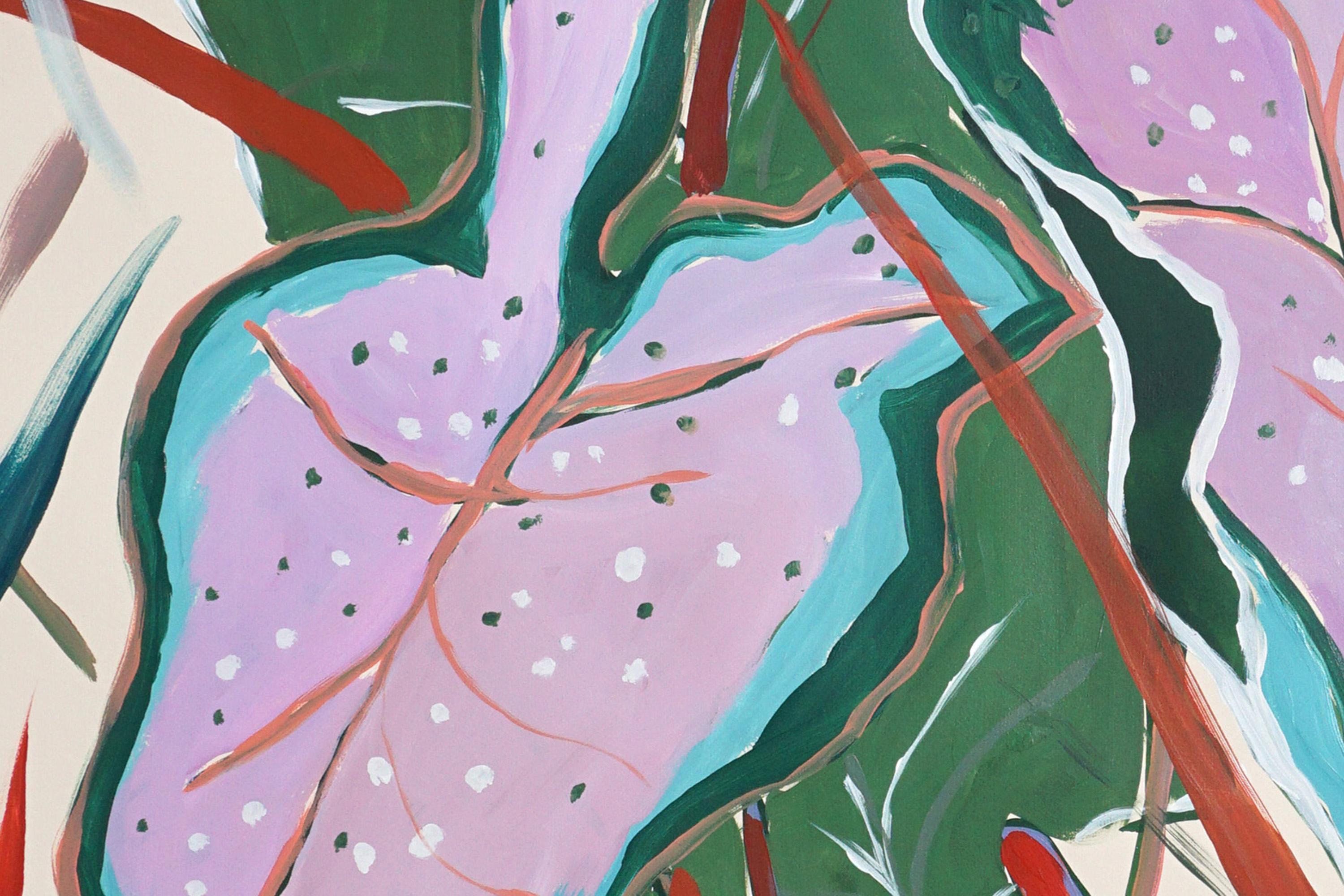 This illustration-style painting captures the lush elegance of pink elephant ear leaves, their broad, heart-shaped forms unfurling in delicate gradients of blush, rose, and soft magenta. 

Romina Milano is an Italian artist renowned for her