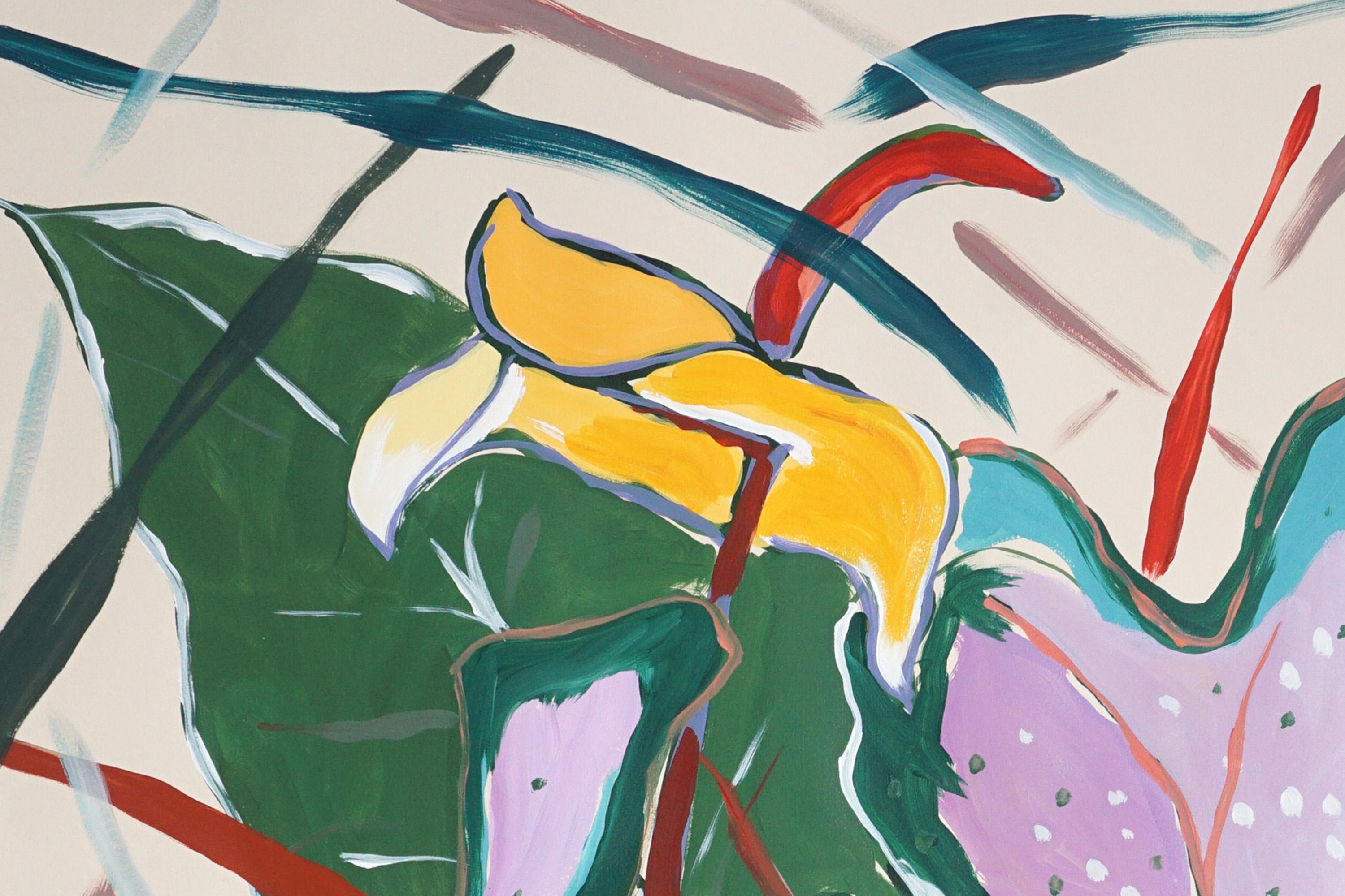 Pink Elephant Ear Leaves, Figurative Still Life Painting, Exotic Botanic, Paper For Sale 2