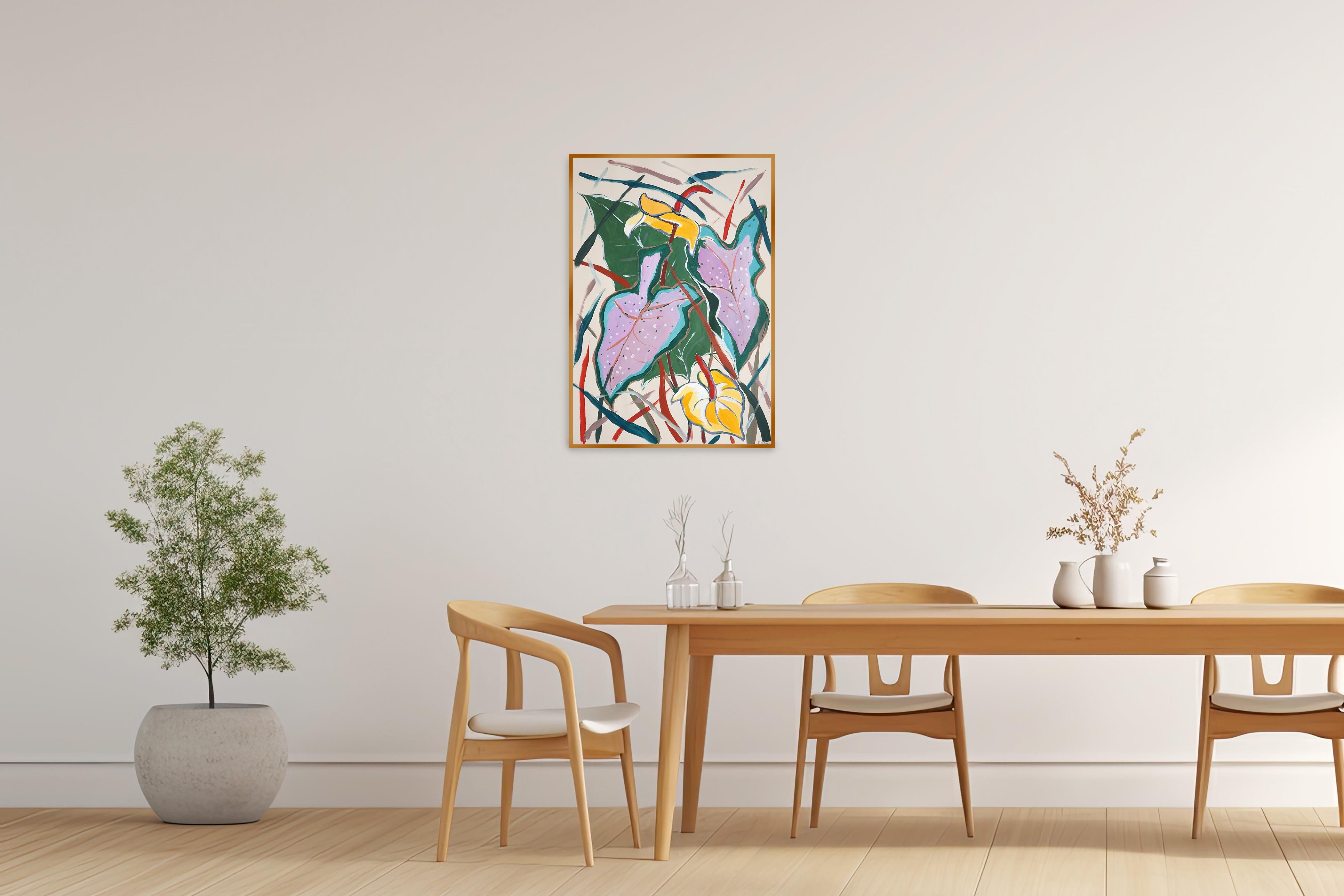 Pink Elephant Ear Leaves, Figurative Still Life Painting, Exotic Botanic, Paper For Sale 3