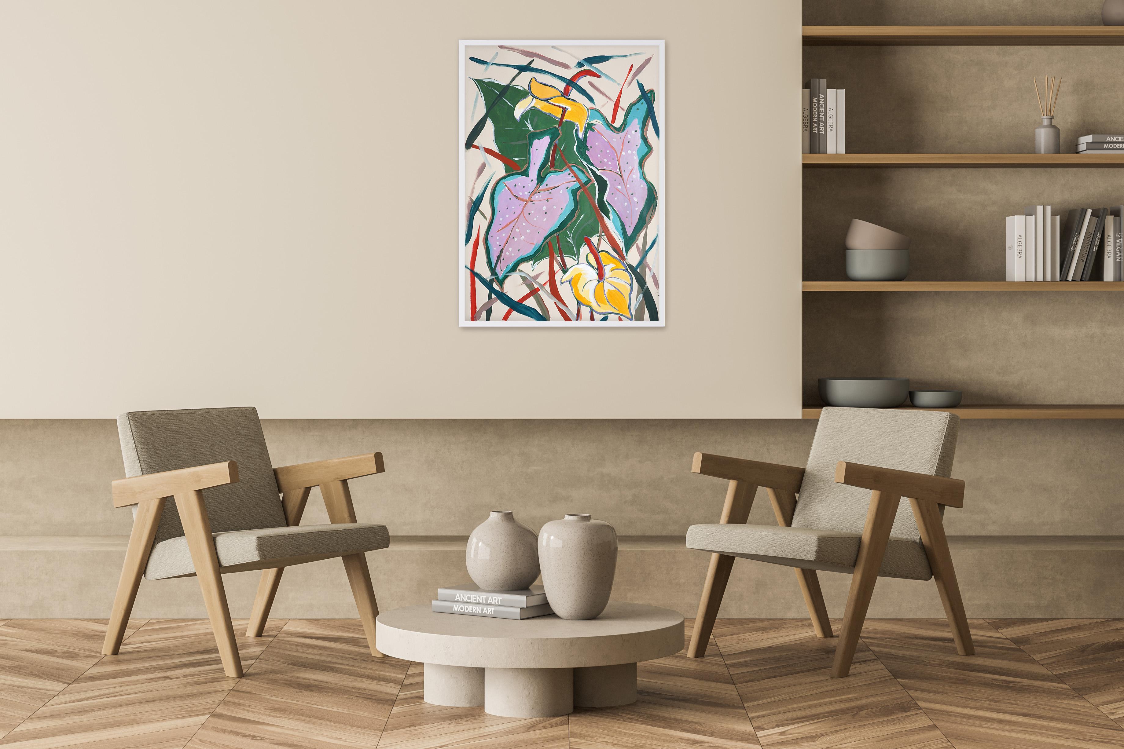 Pink Elephant Ear Leaves, Figurative Still Life Painting, Exotic Botanic, Paper For Sale 4