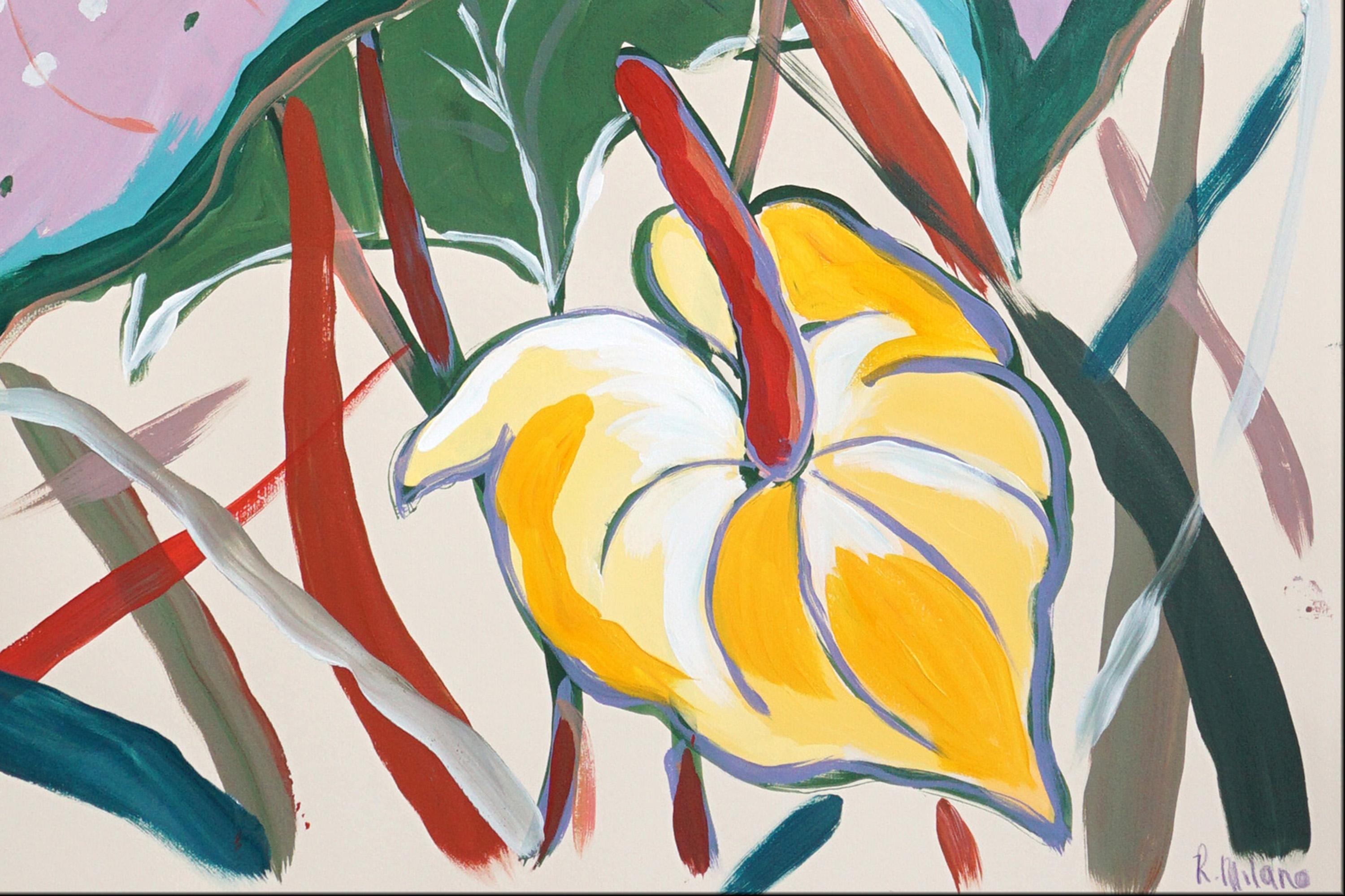 Pink Elephant Ear Leaves, Figurative Still Life Painting, Exotic Botanic, Paper For Sale 5