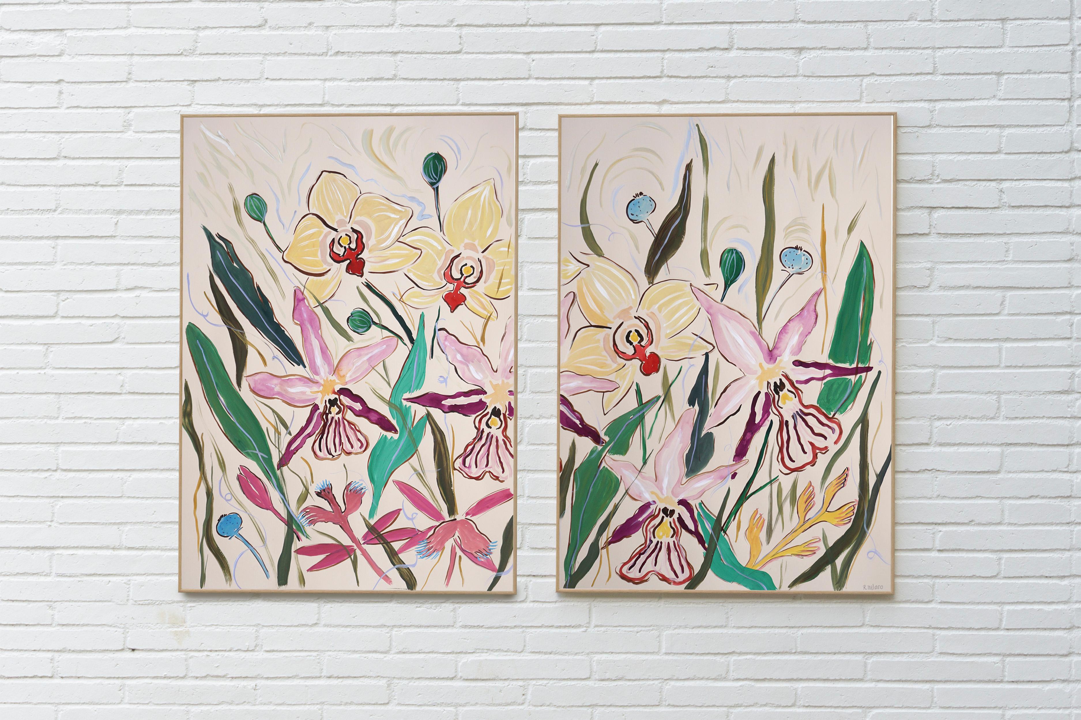 Pink Orchid Bloom, Large Flowers Diptych, Yellow, Purple, White, Illustration  - Painting by Romina Milano