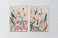Pink Orchid Bloom, Large Flowers Diptych, Yellow, Purple, White, Illustration