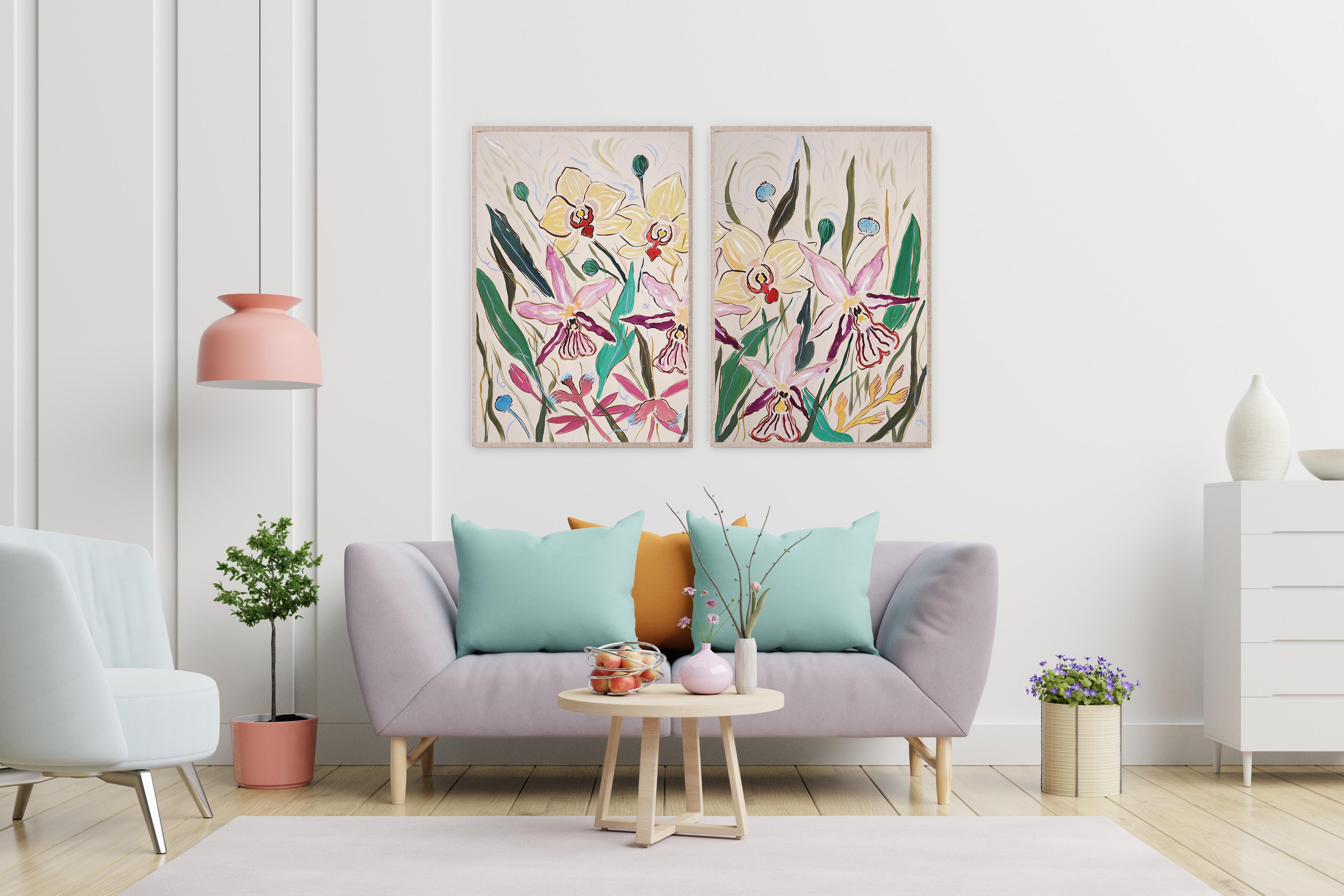 Pink Orchid Bloom, Large Flowers Diptych, Yellow, Purple, White, Illustration  - Naturalistic Painting by Romina Milano