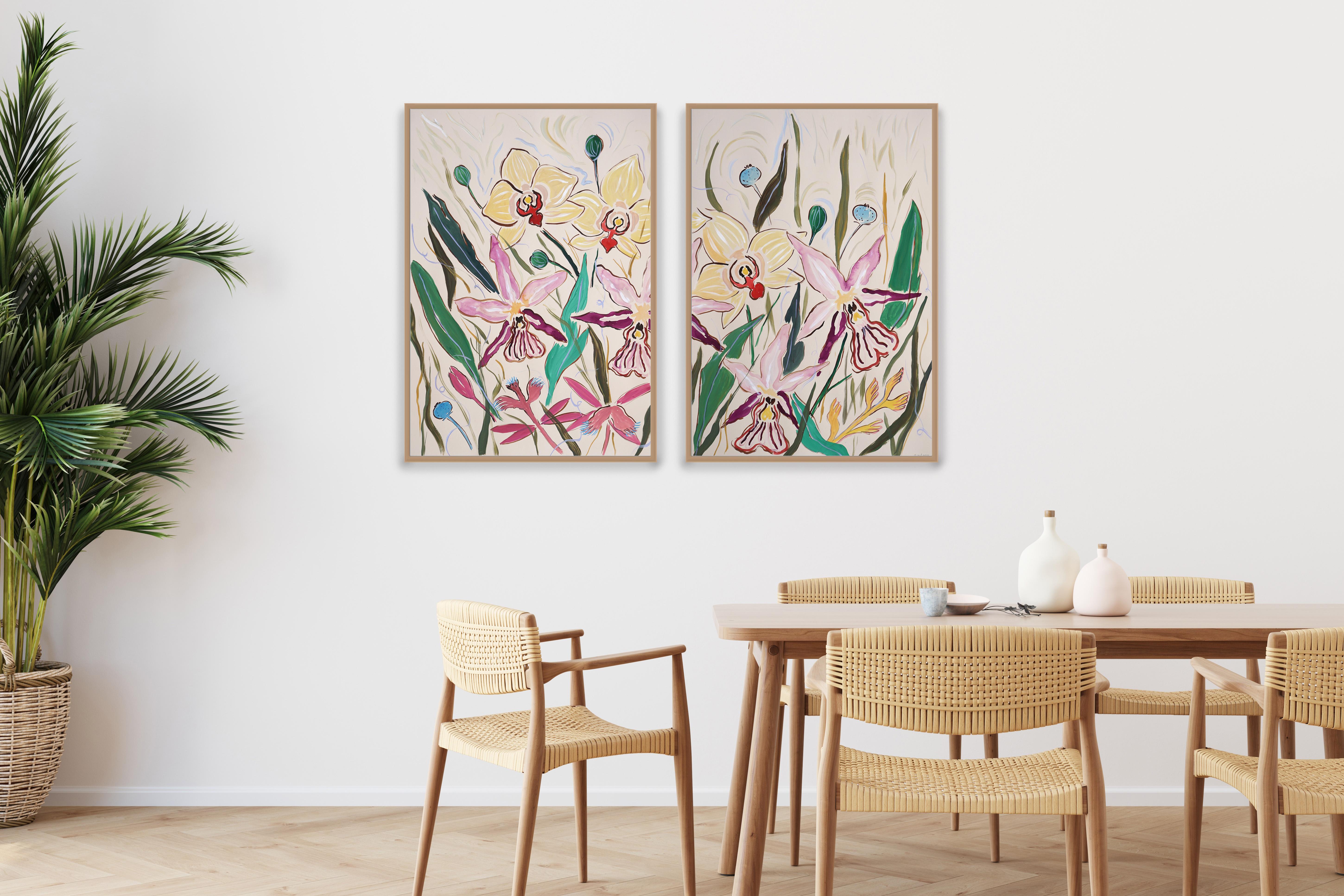 Pink Orchid Bloom, Large Flowers Diptych, Yellow, Purple, White, Illustration  For Sale 1