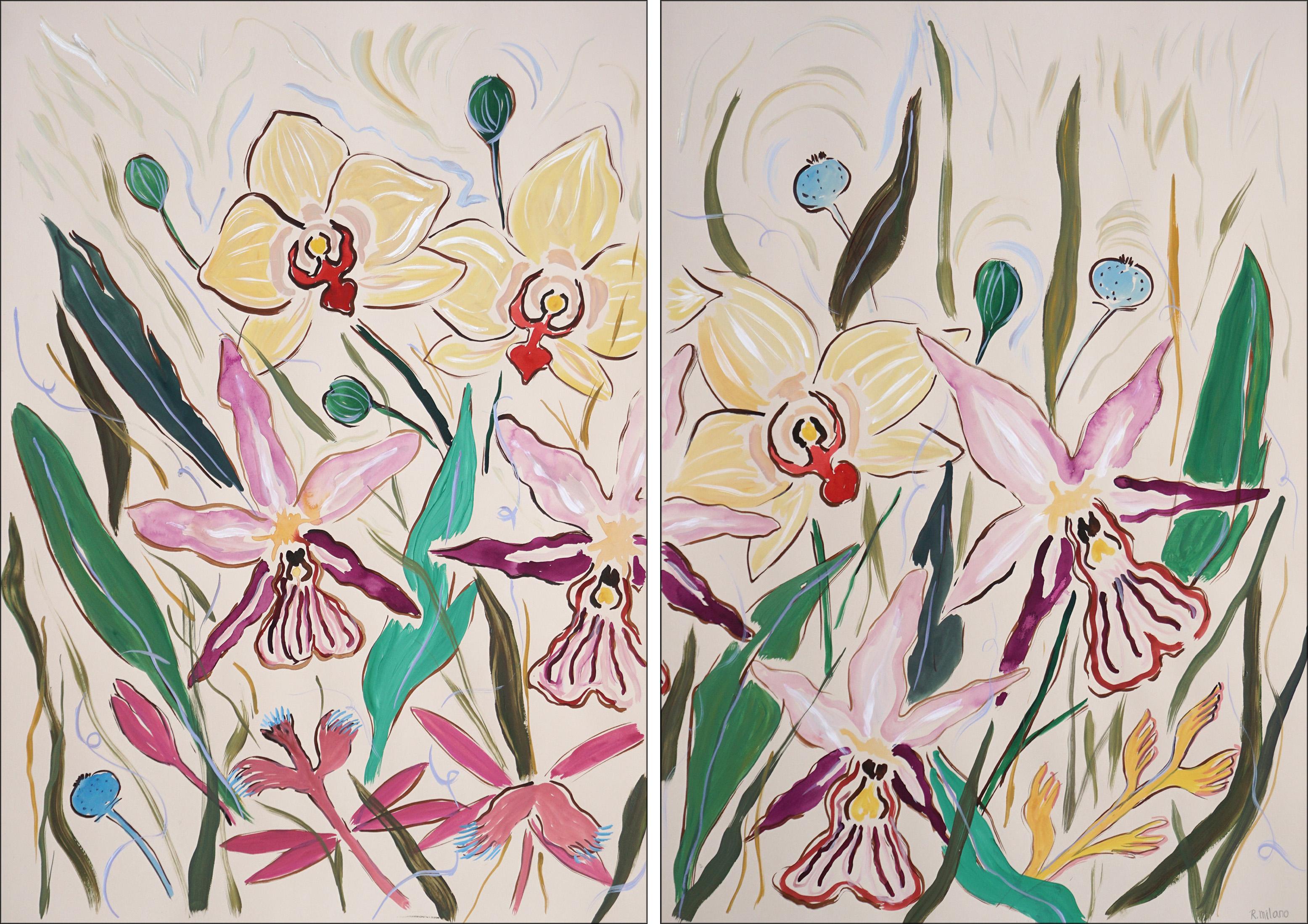 Pink Orchid Bloom, Large Flowers Diptych, Yellow, Purple, White, Illustration 