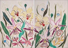 Pink Orchid Bloom, Large Flowers Diptych, Yellow, Purple, White, Illustration 