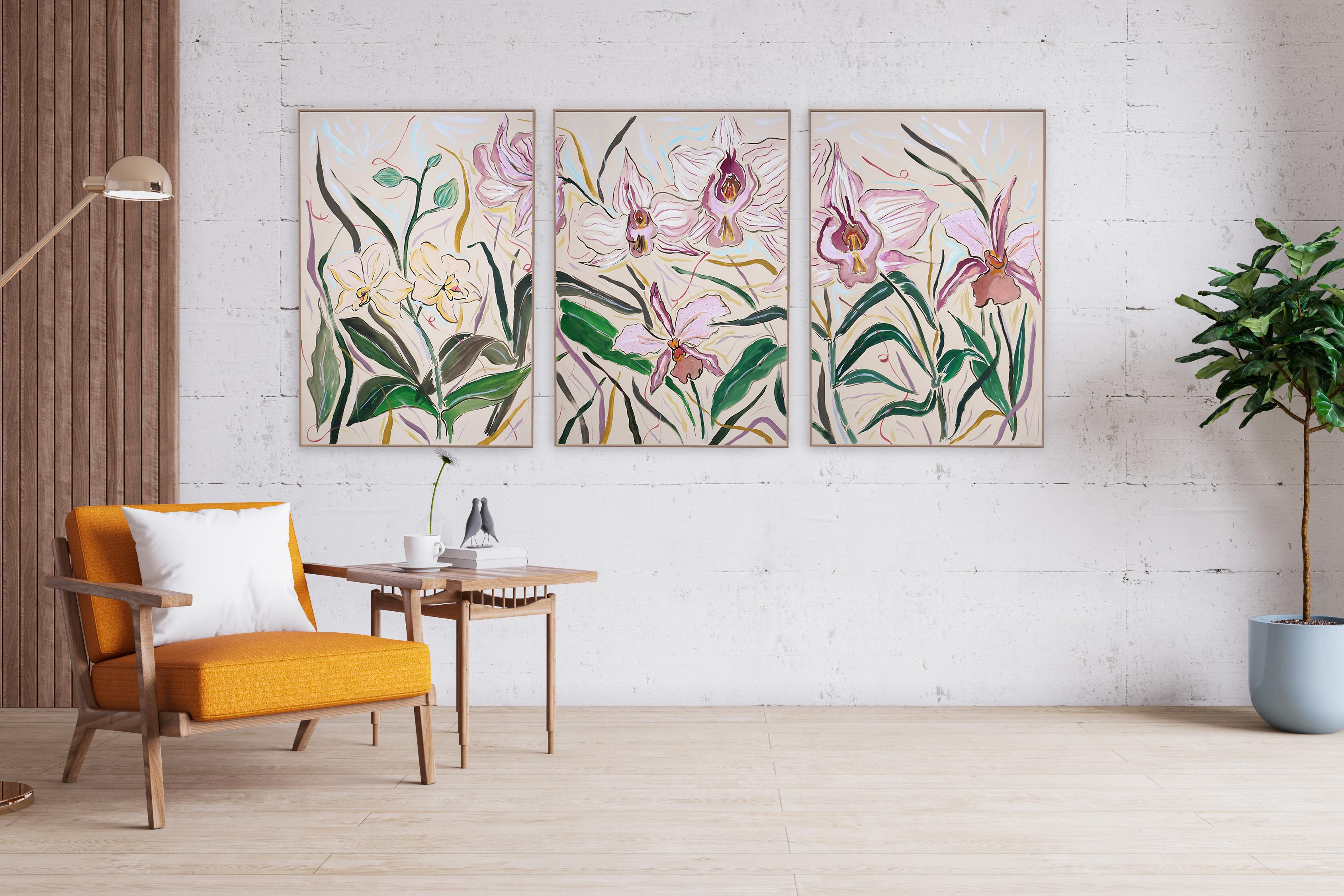 Pink Orchid Bloom Triptych, Large Flowers, Wild Tropical Nature in Soft Purple  - Painting by Romina Milano