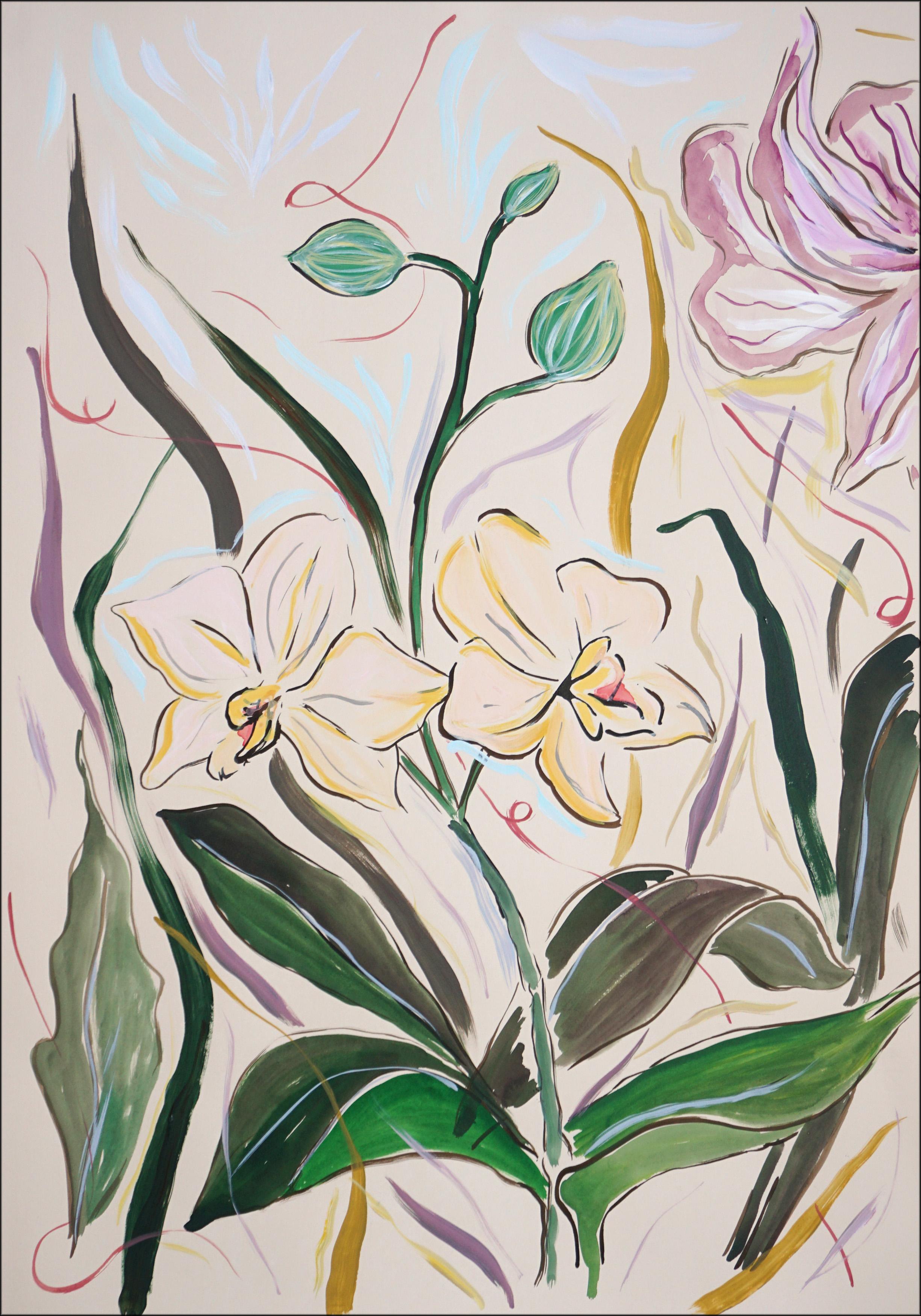 Pink Orchid Bloom Triptych, Large Flowers, Wild Tropical Nature in Soft Purple  - Naturalistic Painting by Romina Milano