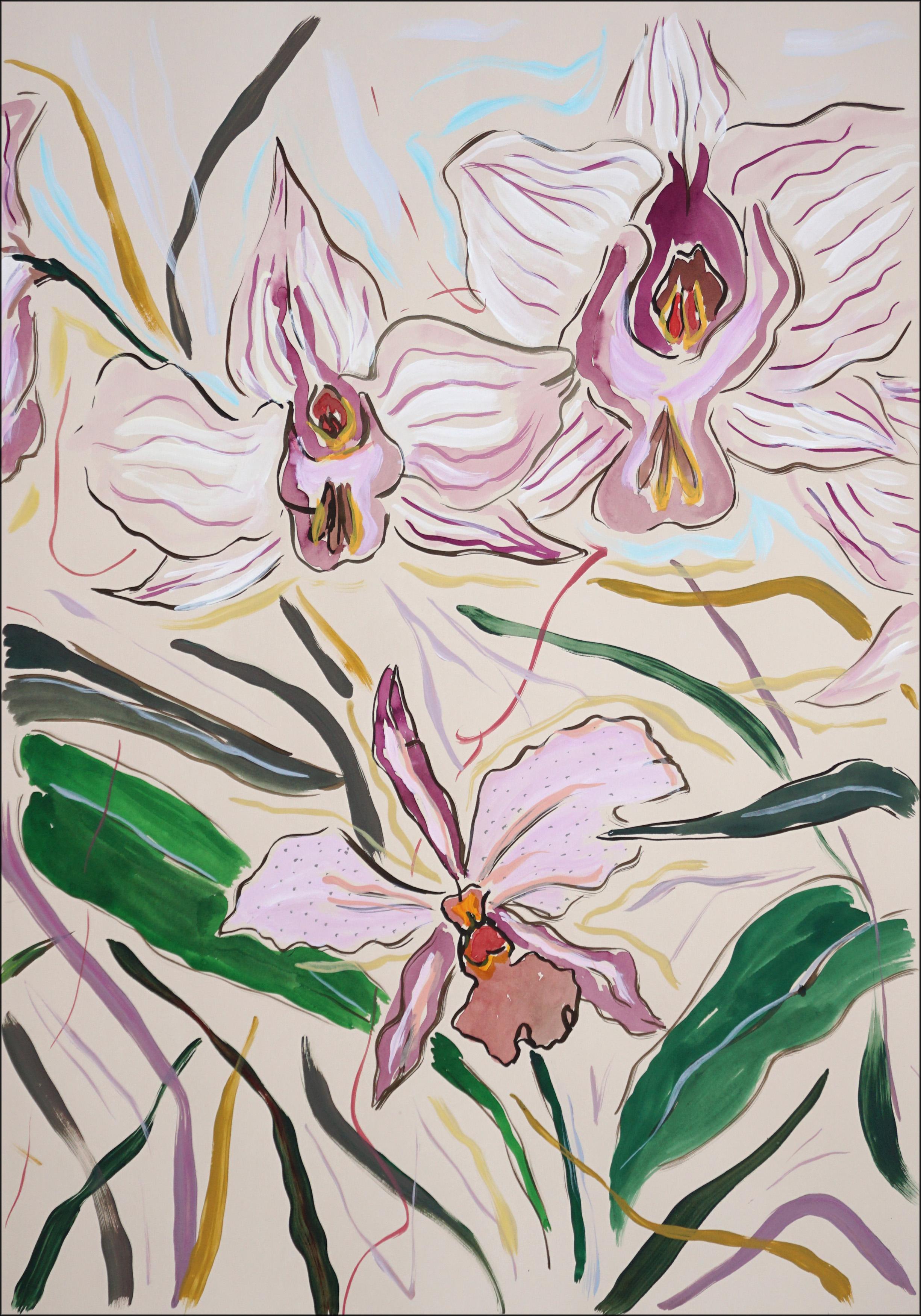 Triptyque de fleurs d'orchidées roses, grandes fleurs, nature tropicale sauvage en violet doux - Beige Still-Life Painting par Romina Milano