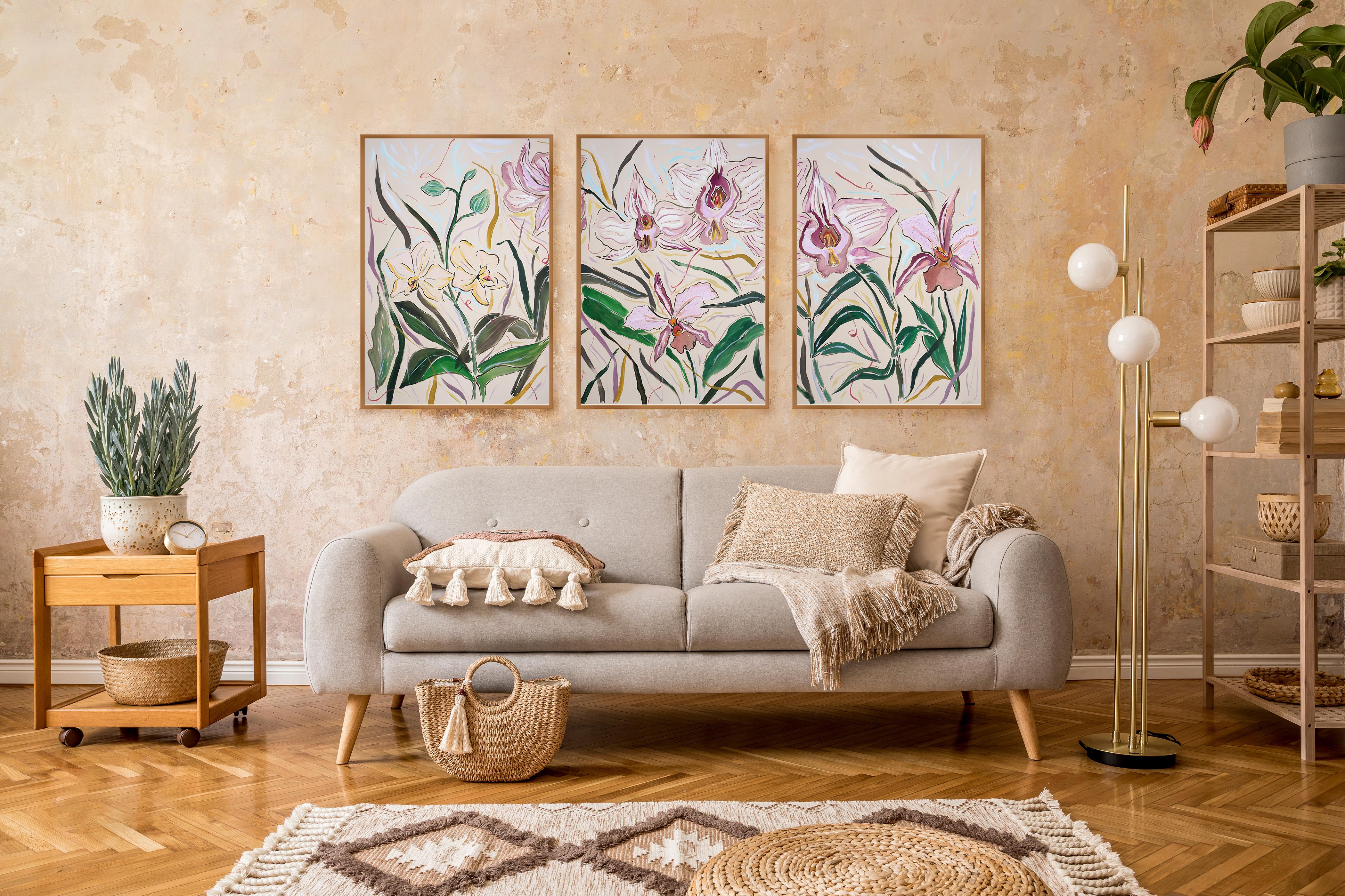 Pink Orchid Bloom Triptych, Large Flowers, Wild Tropical Nature in Soft Purple  For Sale 4