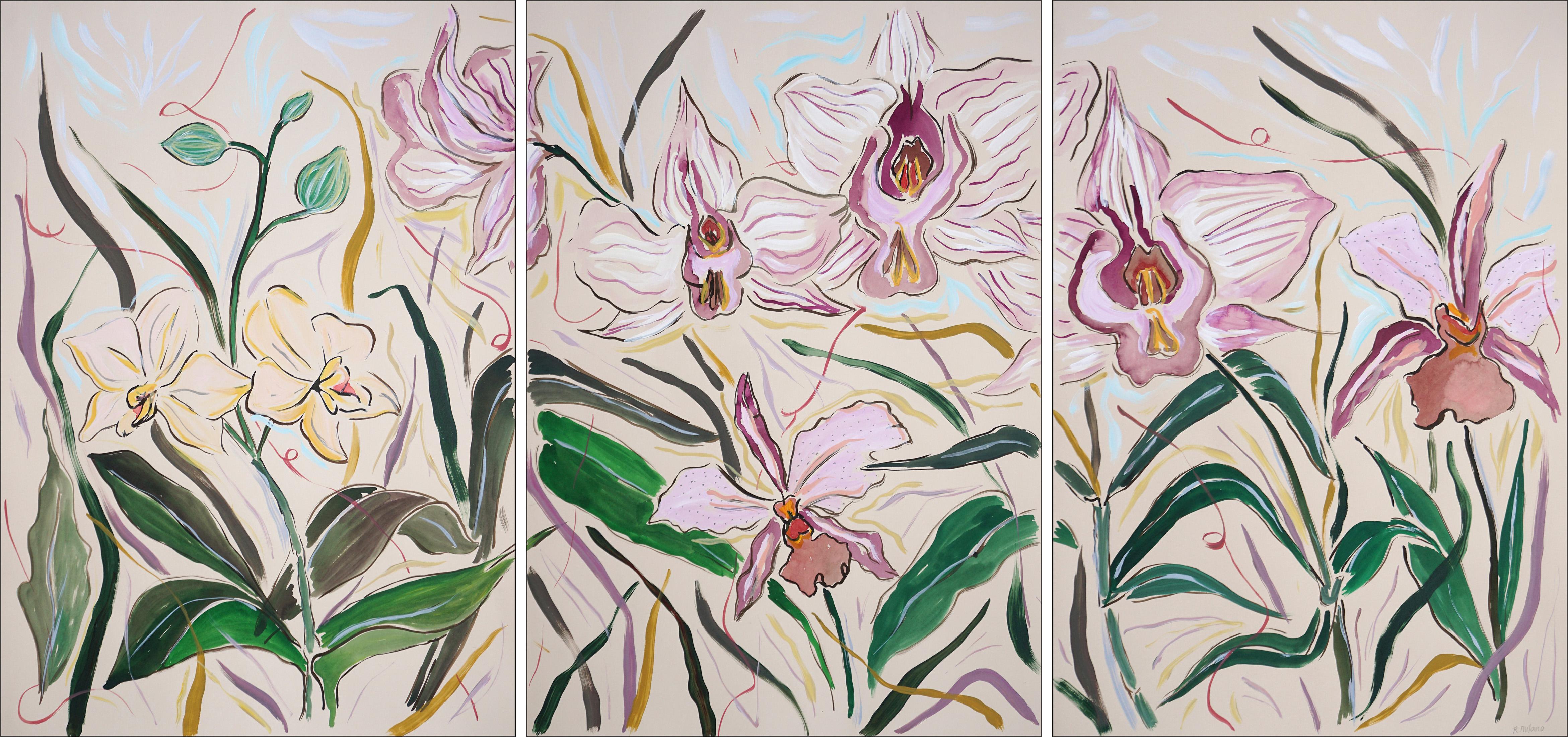 Triptyque de fleurs d'orchidées roses, grandes fleurs, nature tropicale sauvage en violet doux 