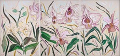 Pink Orchid Bloom Triptych, Large Flowers, Wild Tropical Nature in Soft Purple 