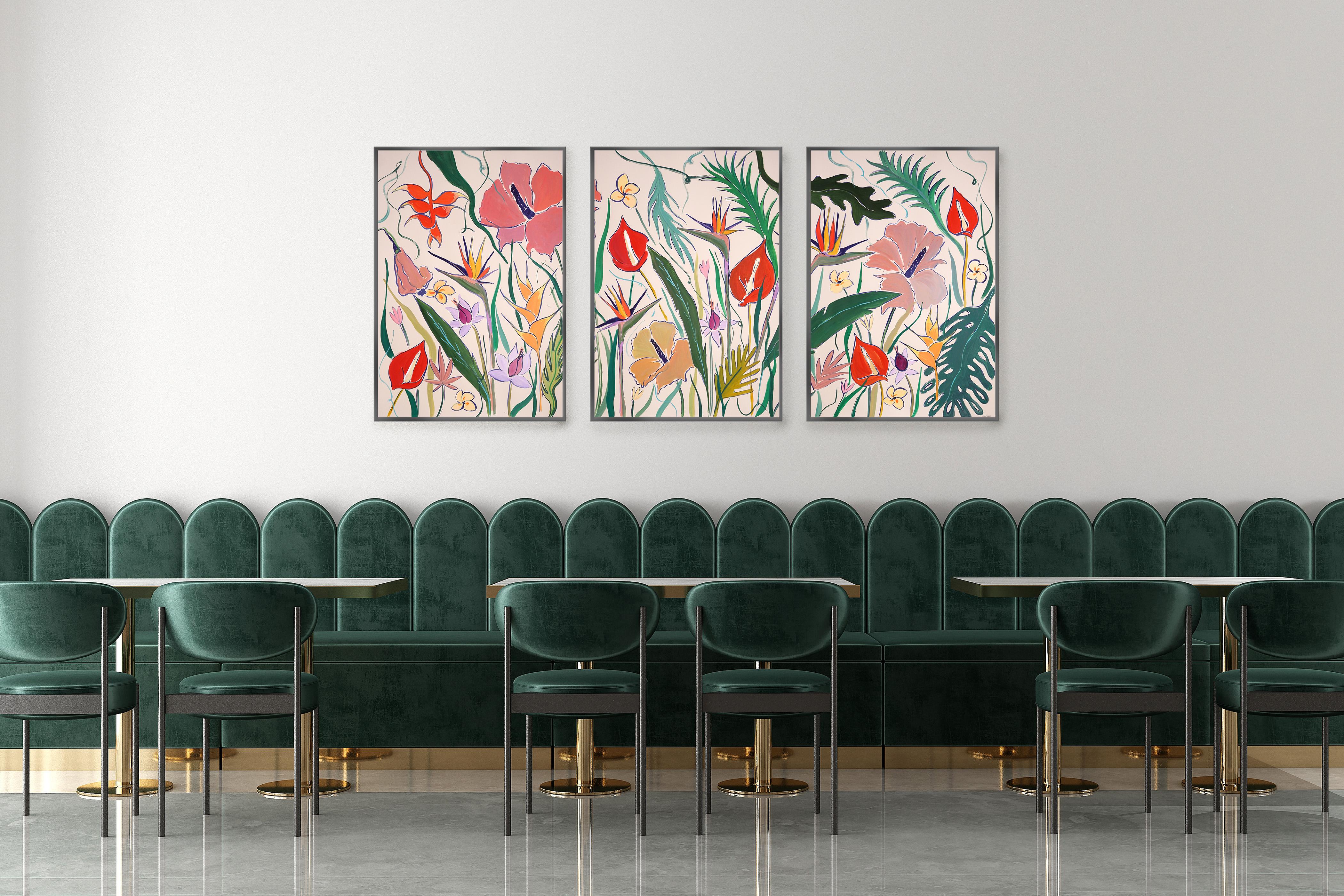 Pink Pastel Hibiscus Oasis, Red Flamingo and Bird of Paradise Flowers, Triptych - Painting by Romina Milano