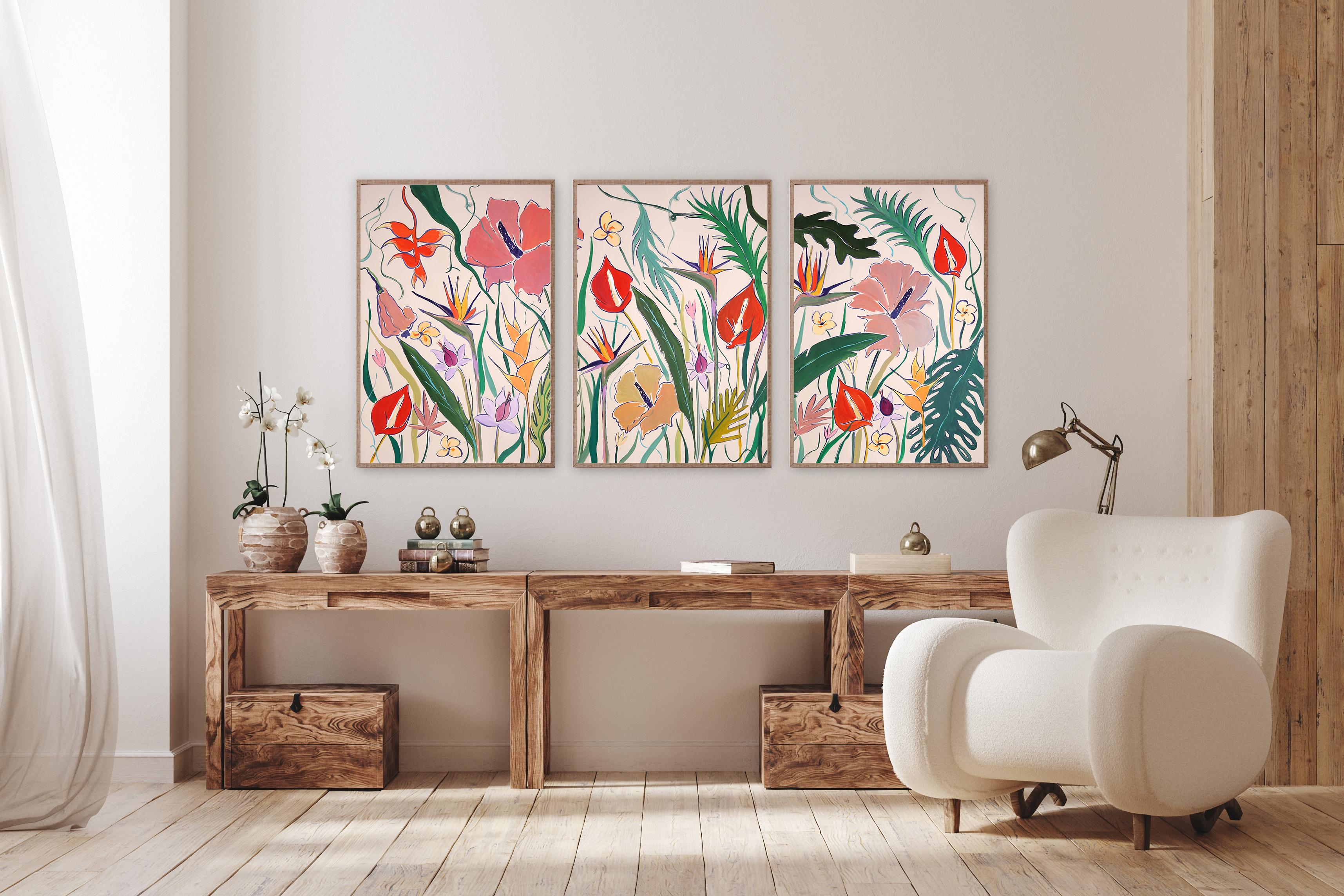 Pink Pastel Hibiscus Oasis, Red Flamingo and Bird of Paradise Flowers, Triptych - Naturalistic Painting by Romina Milano