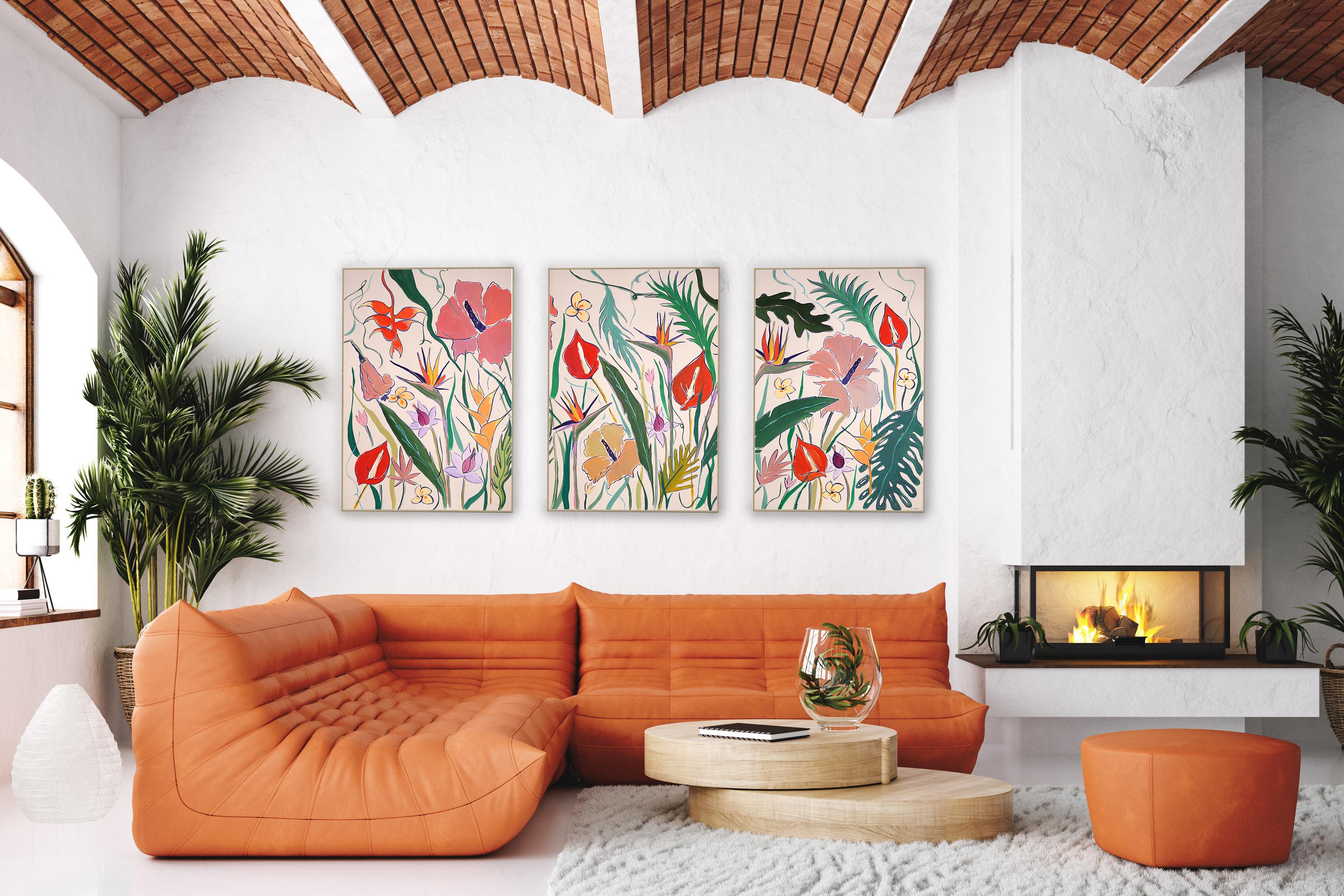Pink Pastel Hibiscus Oasis, Red Flamingo and Bird of Paradise Flowers, Triptych For Sale 1