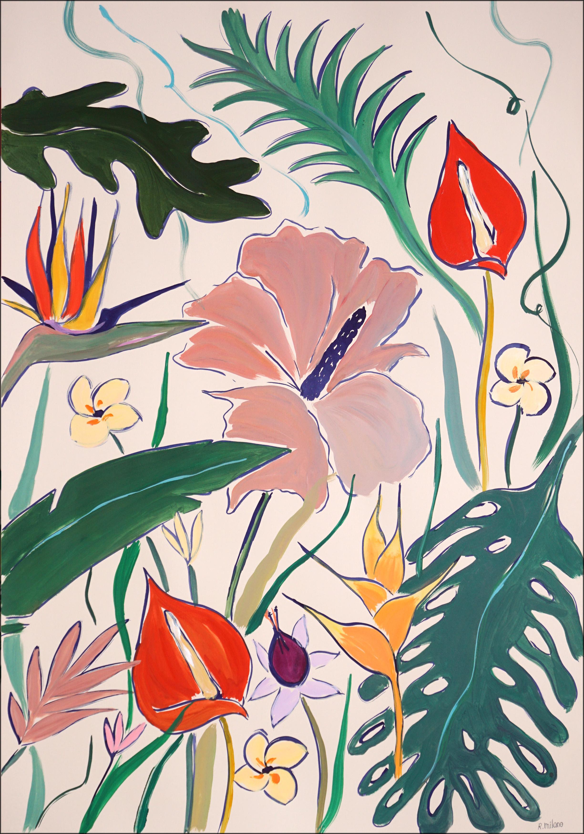 Pink Pastel Hibiscus Oasis, Red Flamingo and Bird of Paradise Flowers, Triptych 3