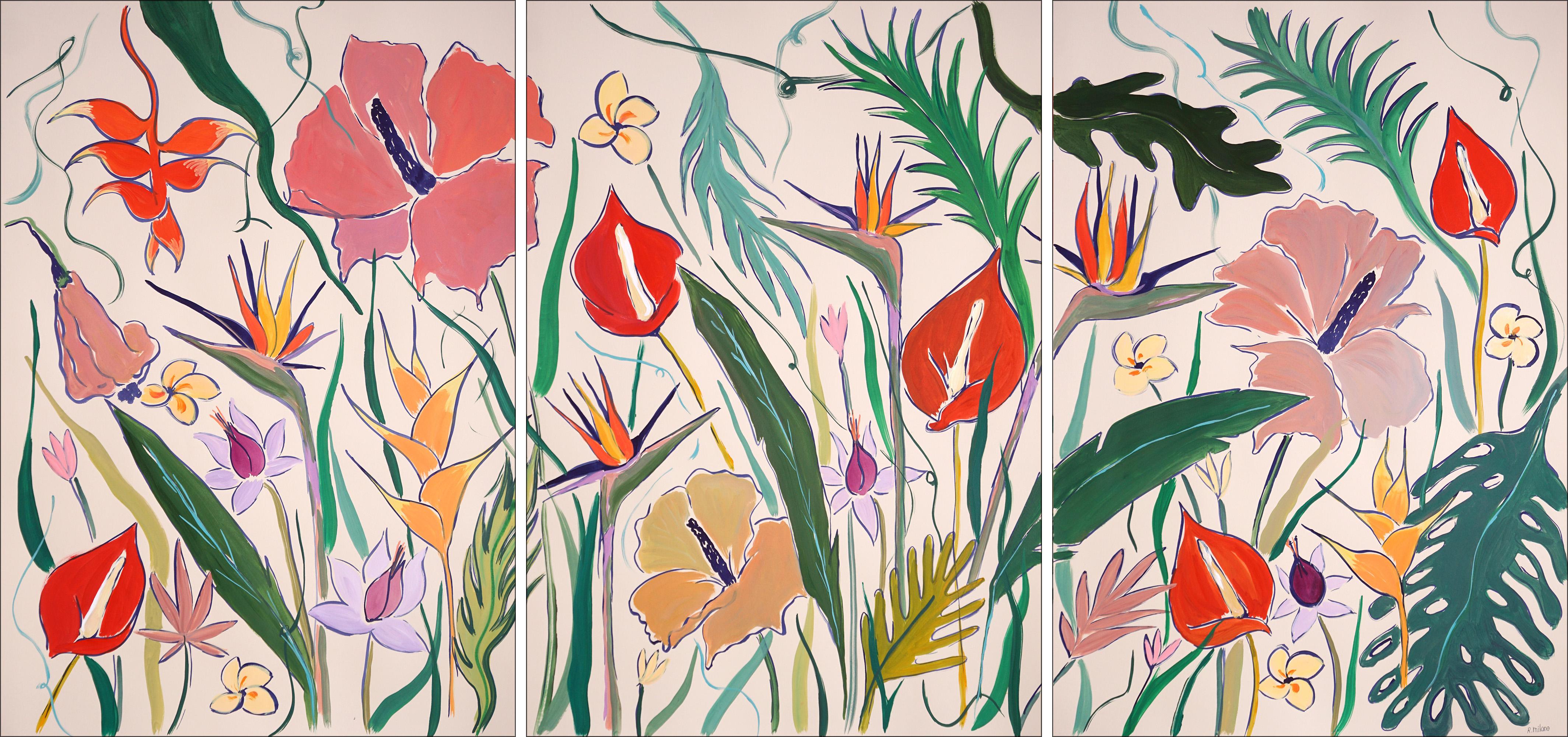 Rosa pastellfarbene Hibiskus-Oasis, roter Flamingo und Vogel des Paradieses Blumen, Triptychon