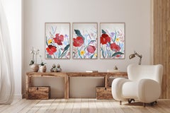 Poppies and Wildflowers, Botanical Painting Triptych, Illustration Style Prairie