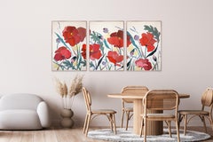 Poppies and Wildflowers, Figurative Triptych, Large Botanical Landscape on Paper