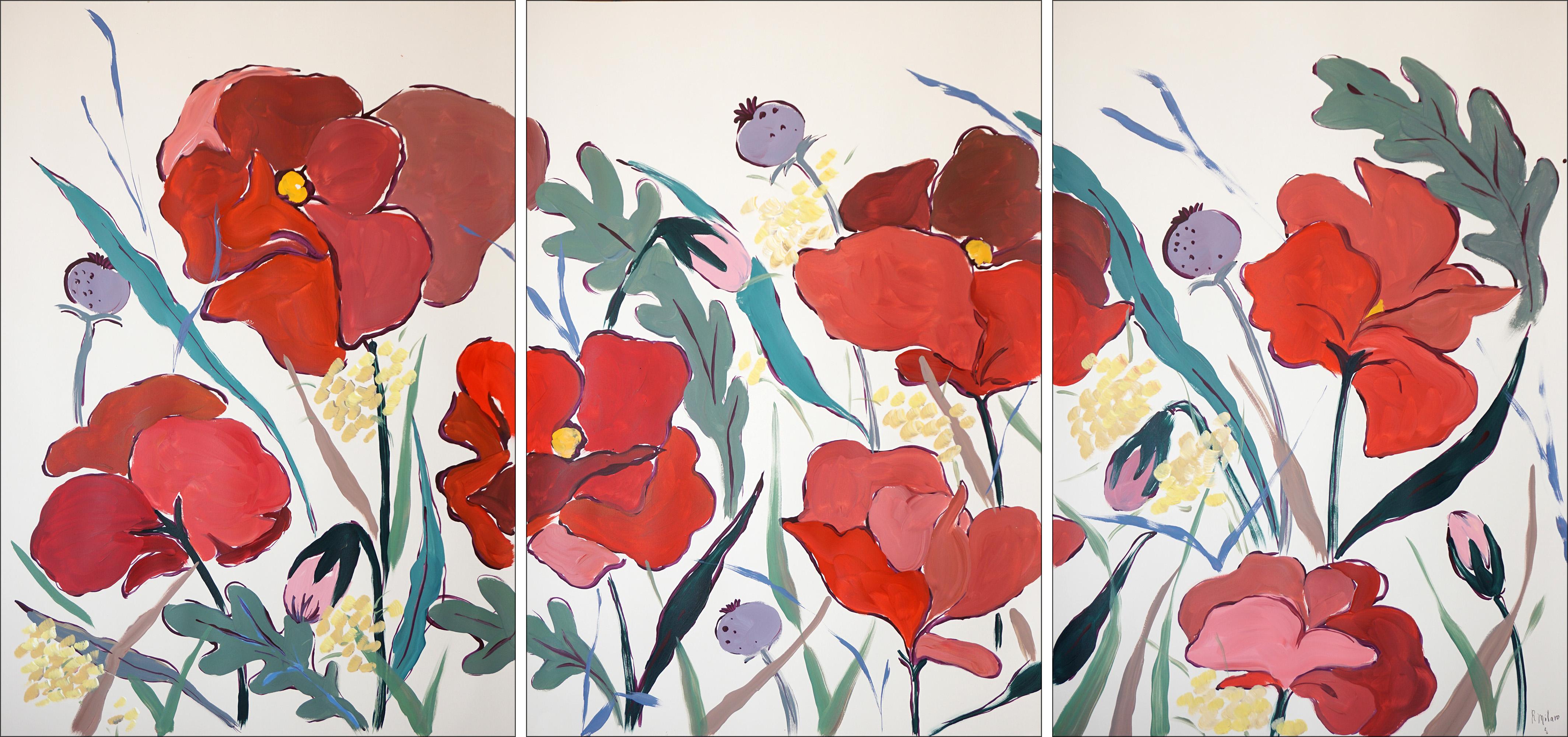 Mohn und Wildblumen, Figuratives Triptychon, Große botanische Landschaft auf Papier
