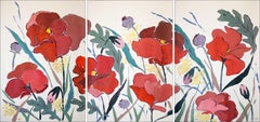 Poppies and Wildflowers, Figurative Triptych, Large Botanical Landscape on Paper