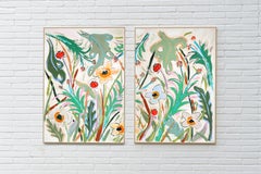 Poppies and Wildflowers II, Large Botanical Diptych, Illustration Style Painting